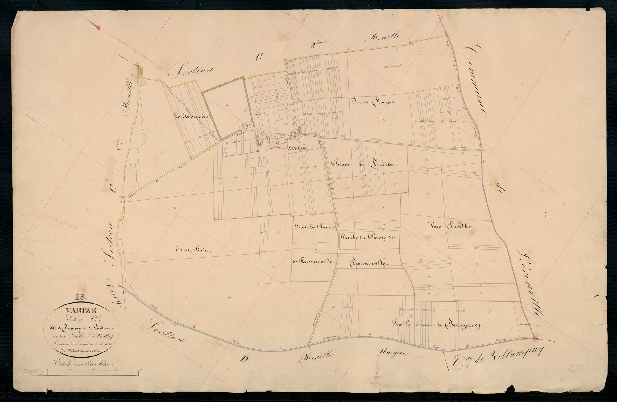 Section C, Pommay et Lindron, feuille 3 / Terminée sur le terrain par Monsieur Billard, Géomètre de 1ère classe.