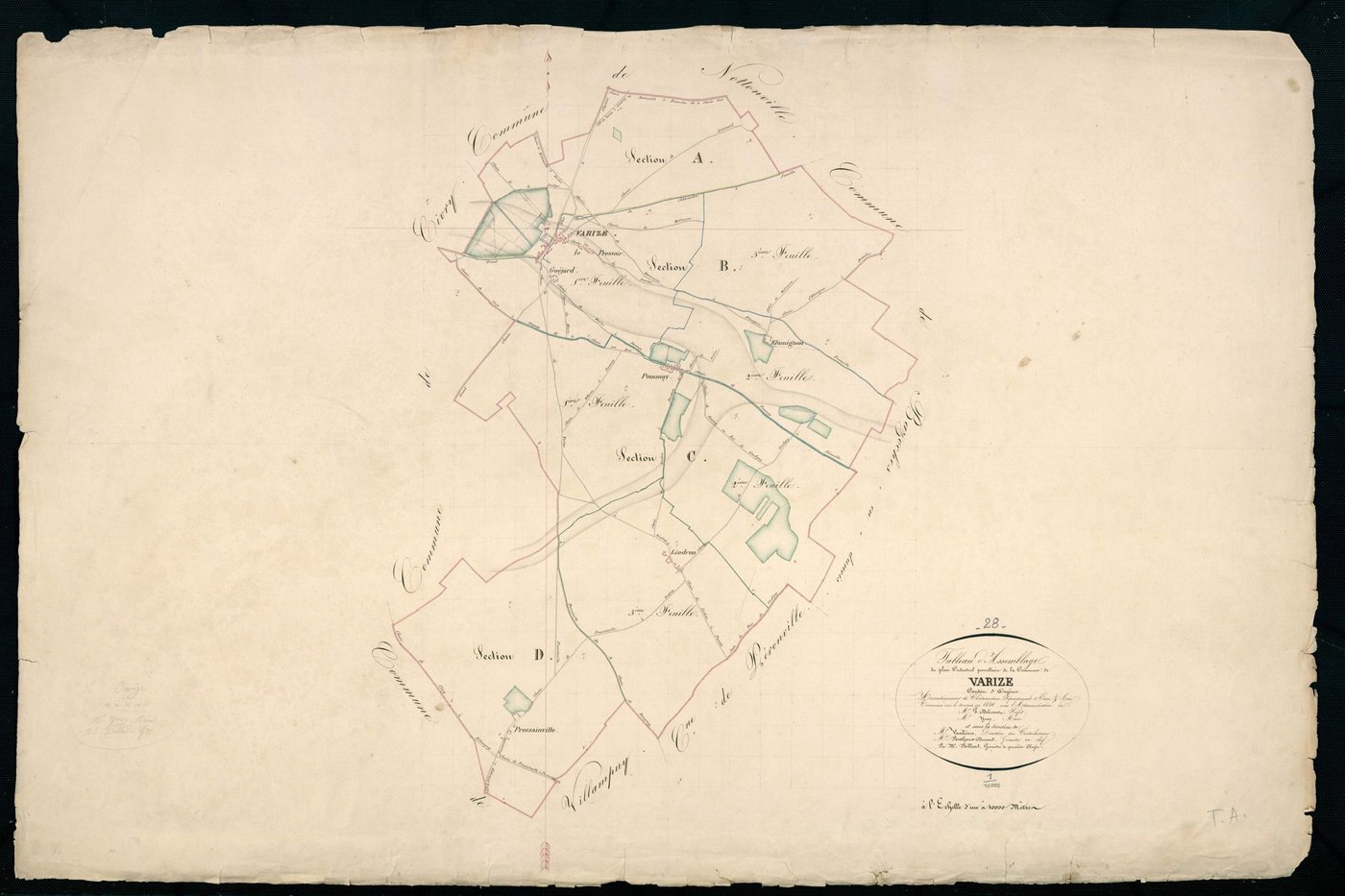 Tableau d'assemblage du plan cadastral parcellaire de la commune de Varize, Canton d'Orgères, Arrondissement de Châteaudun / Terminé sur le terrain en 1836 (...) par Monsieur Billard, Géomètre de 1ère classe.