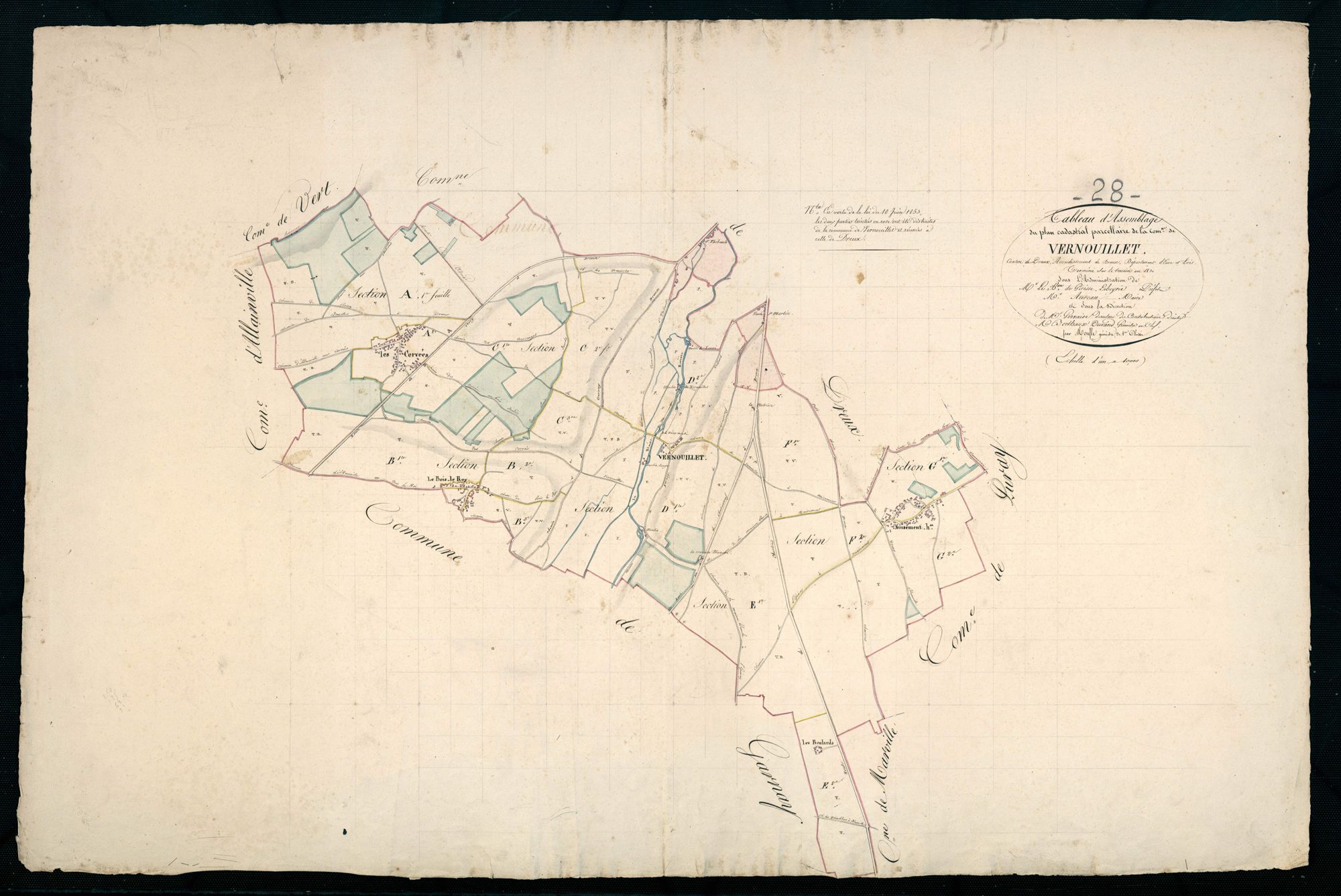 Tableau d'assemblage du plan cadastral parcellaire de la commune de Vernouillet, Canton de Dreux, Arrondissement de Dreux / Terminé sur le terrain en 1830 (...) par Monsieur Moufle, Géomètre de 1ère classe.
