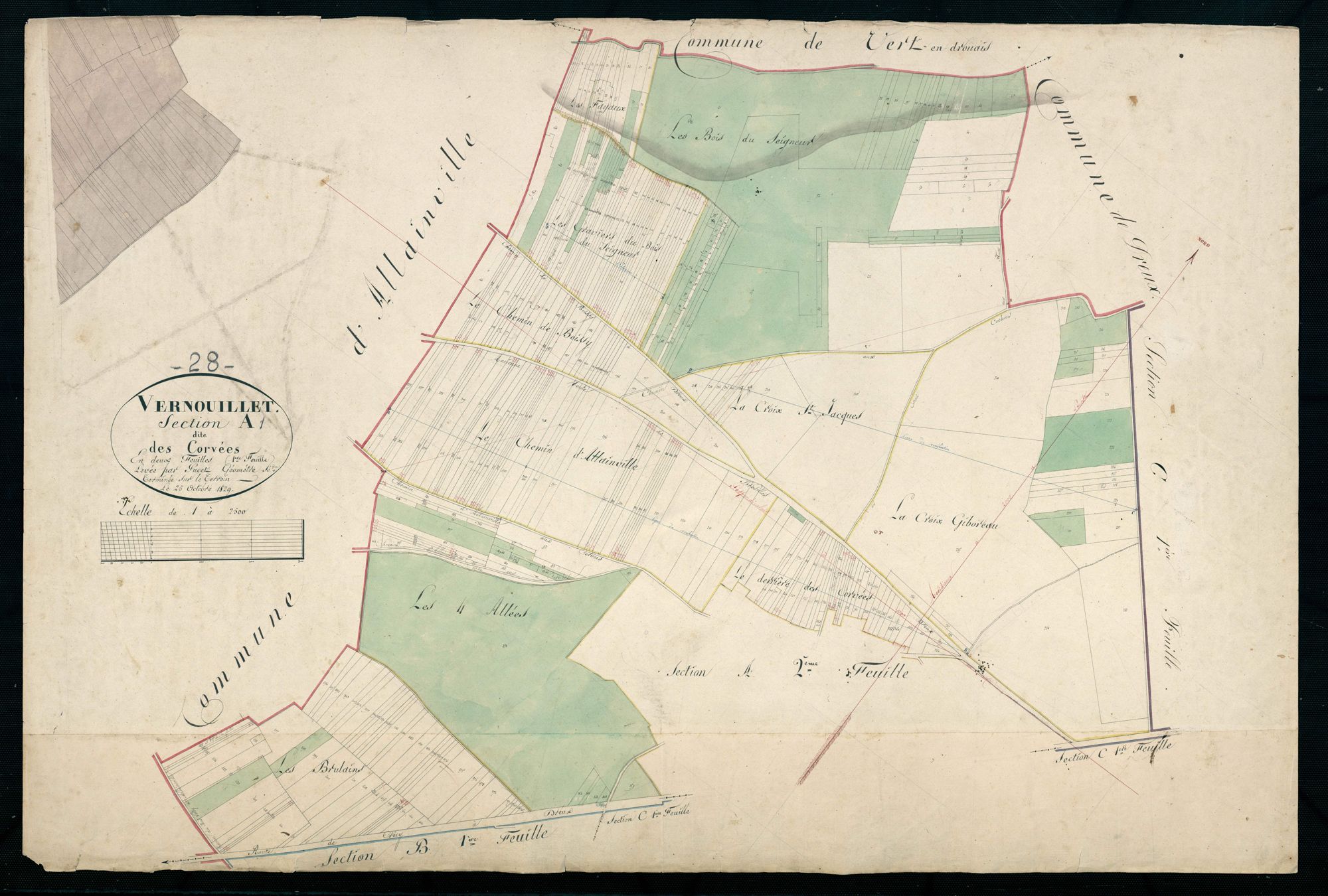 Section A, les Corvées, feuille 1 / Terminée sur le terrain par Monsieur Pucet, Géomètre secondaire.