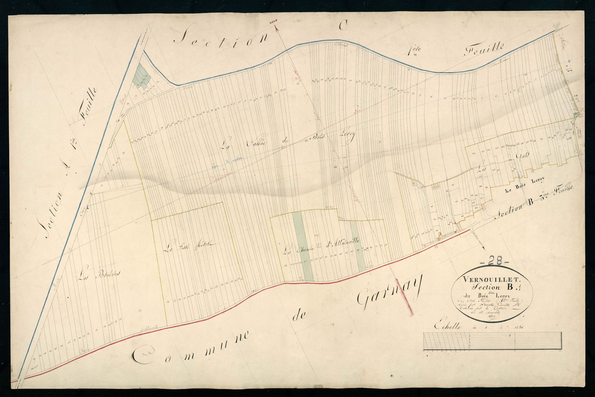 Section B, le Bois Leroy, feuille 1 / Terminée sur le terrain par Monsieur Pucet, Géomètre secondaire.