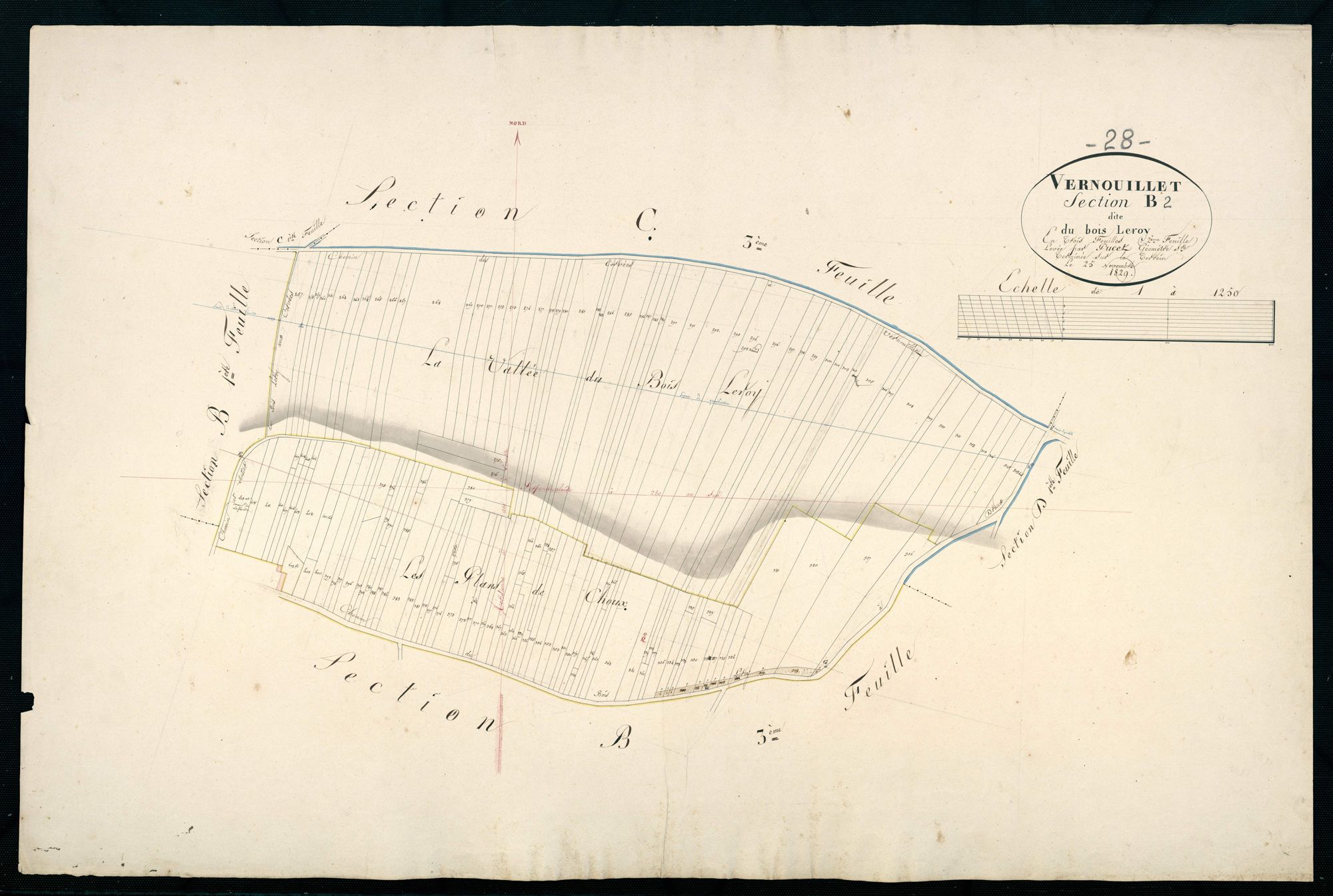 Section B, le Bois Leroy, feuille 2 / Terminée sur le terrain par Monsieur Pucet, Géomètre secondaire.