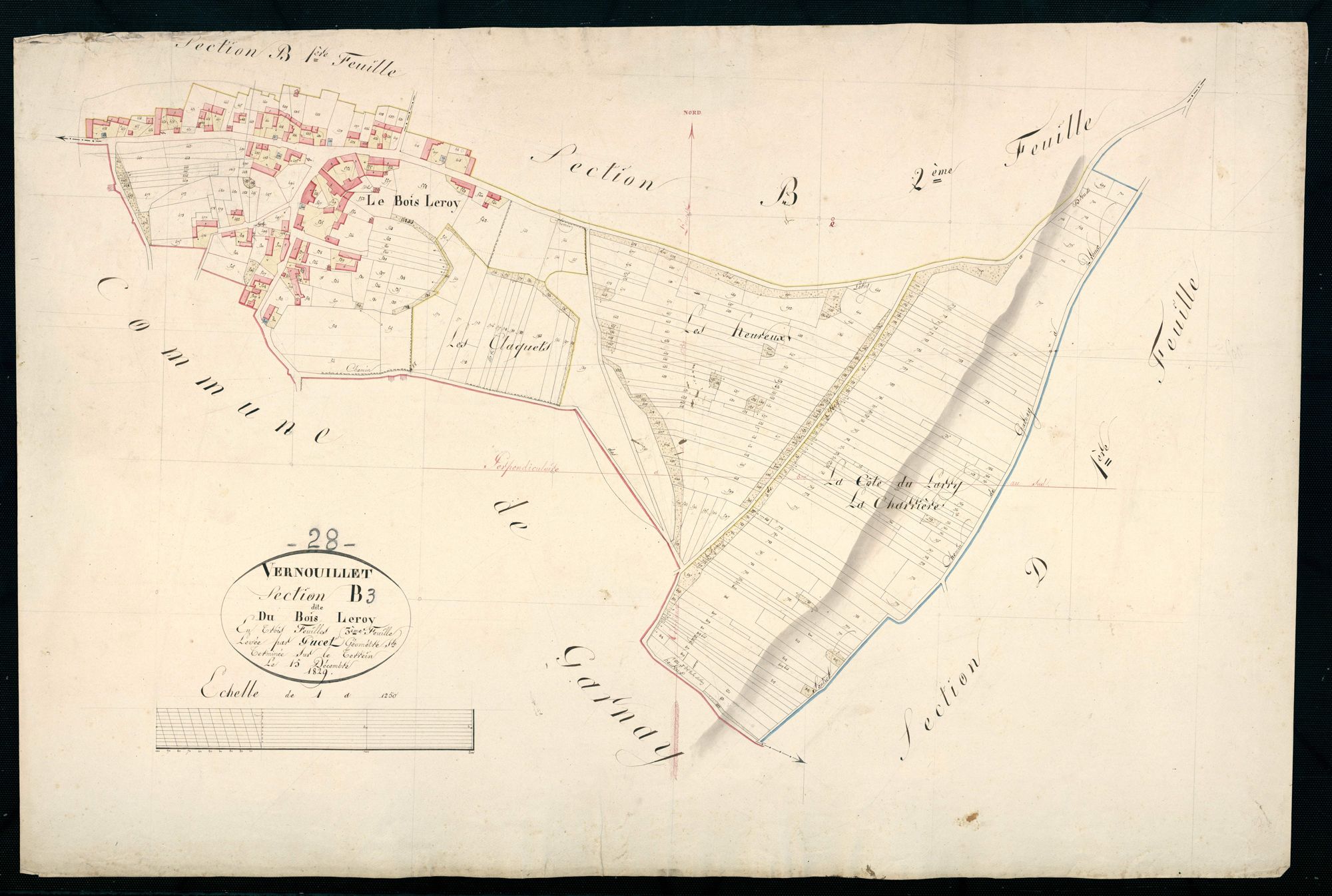 Section B, le Bois Leroy, feuille 3 / Terminée sur le terrain par Monsieur Pucet, Géomètre secondaire.