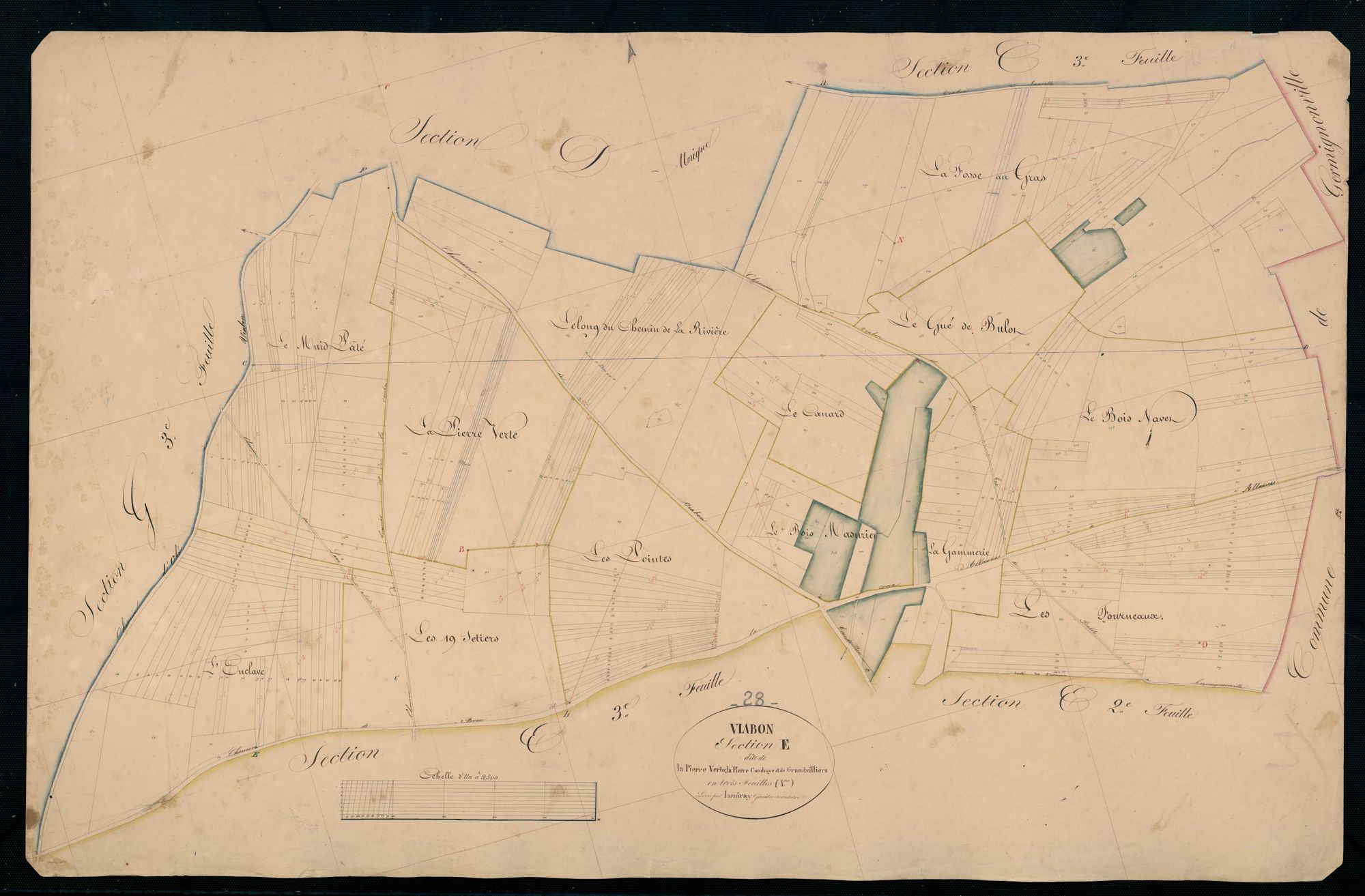 Section E, la Pierre Verte, la Pierre Coudraye et Grandvilliers, feuille 1 / Terminée sur le terrain par Monsieur Lamiray, Géomètre secondaire.
