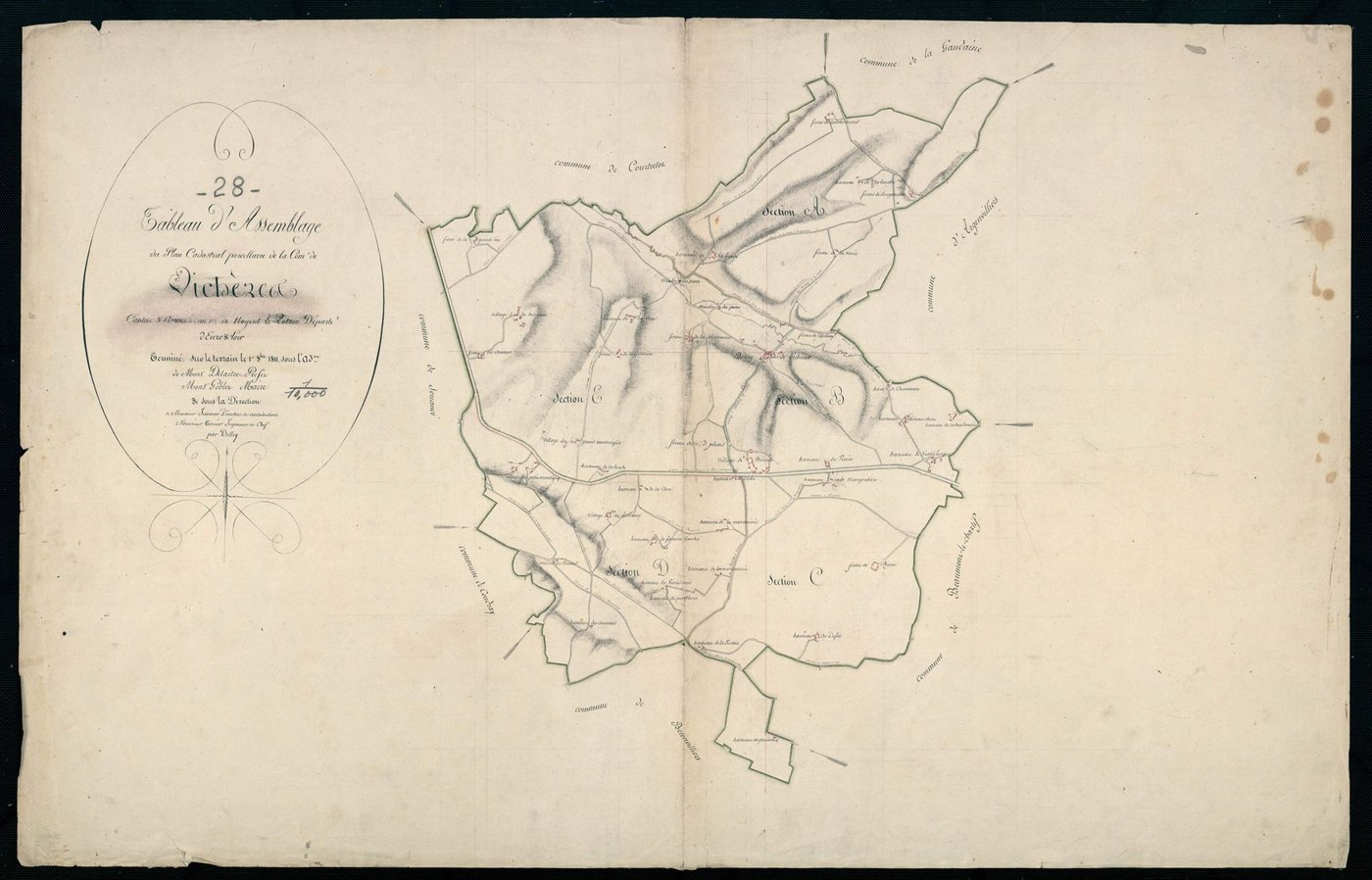 Tableau d'assemblage du plan cadastral parcellaire de la commune de Vichères, Canton de Nogent-le-Rotrou, Arrondissement de Nogent-le-Rotrou / Terminé sur le terrain en 1811 (...) par Monsieur Dolley, [Géomètre].