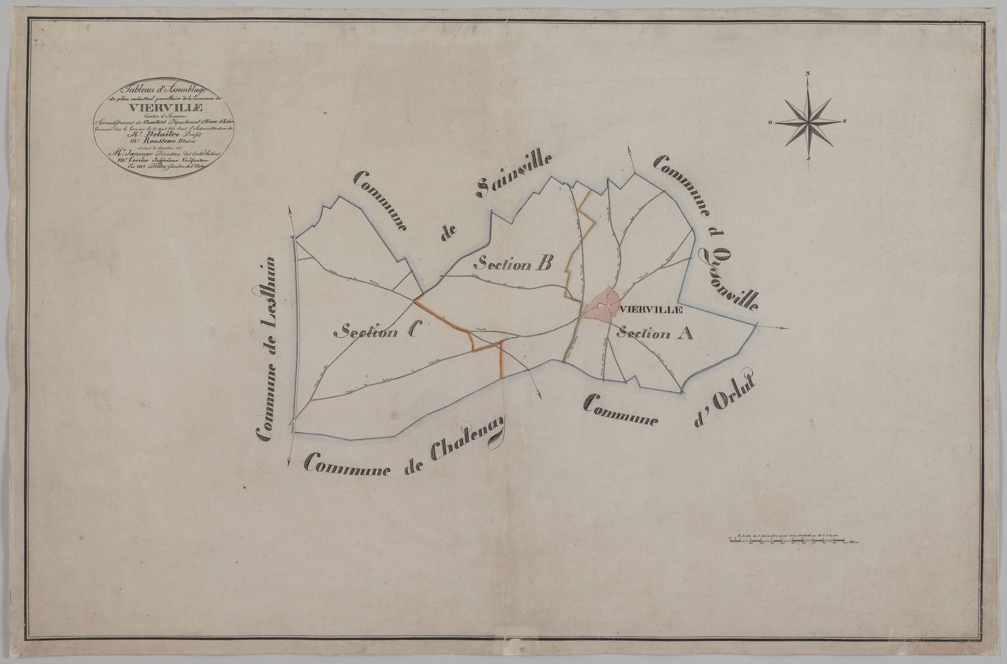 Tableau d'assemblage du plan cadastral parcellaire de la commune de Vierville, Canton d'Auneau, Arrondissement de Chartres / Terminé sur le terrain en 1813 (. . . ) par Monsieur Dolley, Géomètre de 1ère classe.