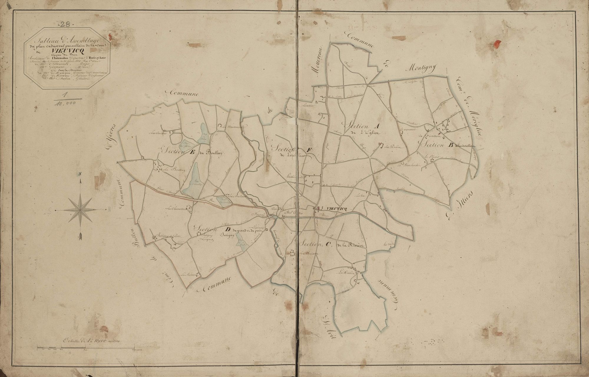 Tableau d'assemblage du plan cadastral parcellaire de la commune de Vieuvicq, Canton de Brou, Arrondissement de Châteaudun / Terminé sur le terrain le 20 février 1820 (...) par Monsieur Chabin, Géomètre.