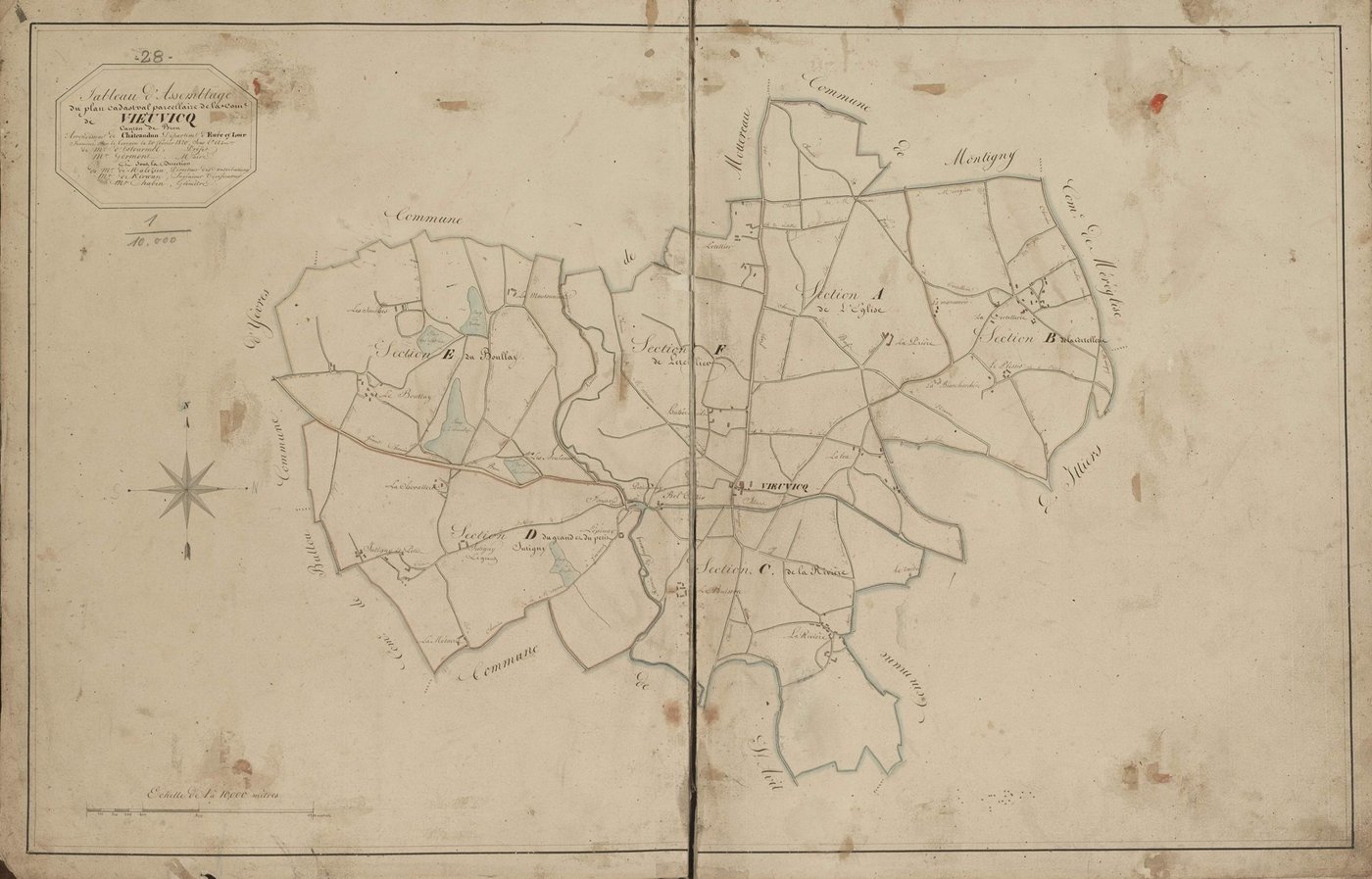 Tableau d'assemblage du plan cadastral parcellaire de la commune de Vieuvicq, Canton de Brou, Arrondissement de Châteaudun / Terminé sur le terrain le 20 février 1820 (...) par Monsieur Chabin, Géomètre.