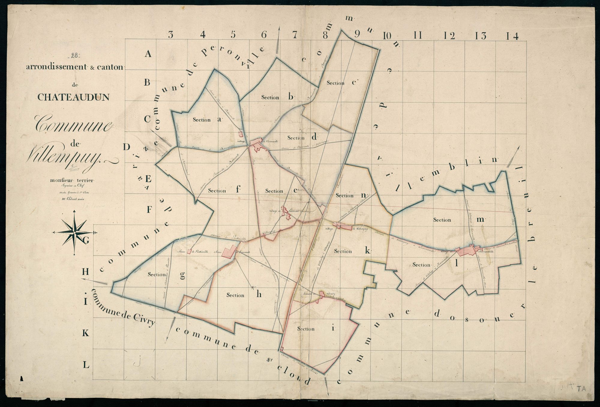 Tableau d'assemblage du plan cadastral parcellaire de la commune de Villampuy, Canton de Châteaudun, Arrondissement de Châteaudun / Terminé sur le terrain (...) par Monsieur Morlet, Géomètre de 1ère classe.