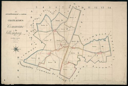 Tableau d'assemblage du plan cadastral parcellaire de la commune de Villampuy, Canton de Châteaudun, Arrondissement de Châteaudun / Terminé sur le terrain (...) par Monsieur Morlet, Géomètre de 1ère classe.