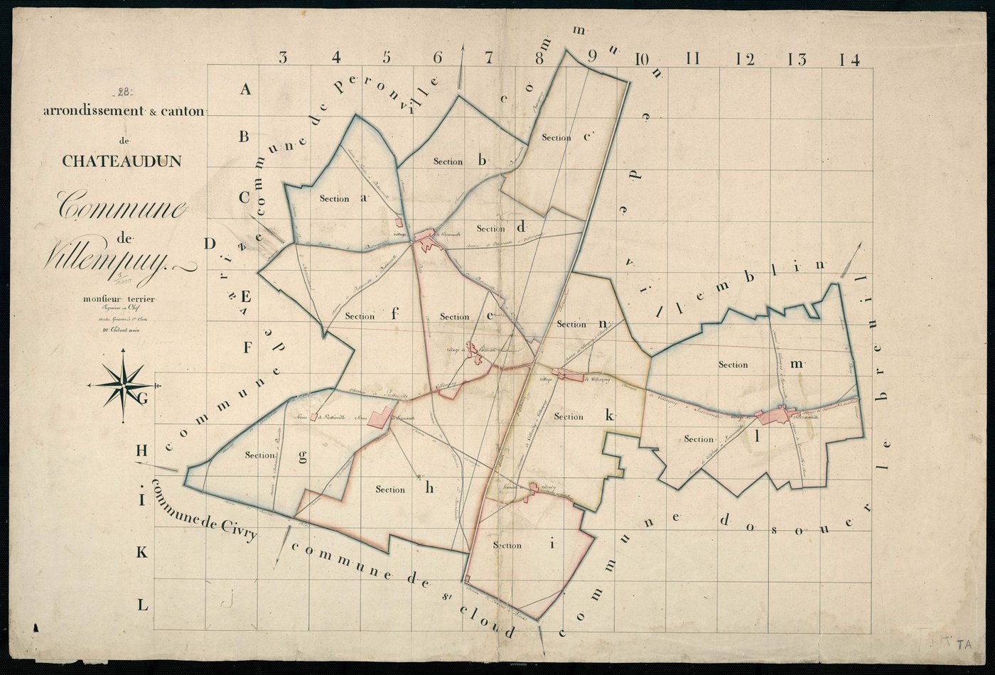 Tableau d'assemblage du plan cadastral parcellaire de la commune de Villampuy, Canton de Châteaudun, Arrondissement de Châteaudun / Terminé sur le terrain (...) par Monsieur Morlet, Géomètre de 1ère classe.