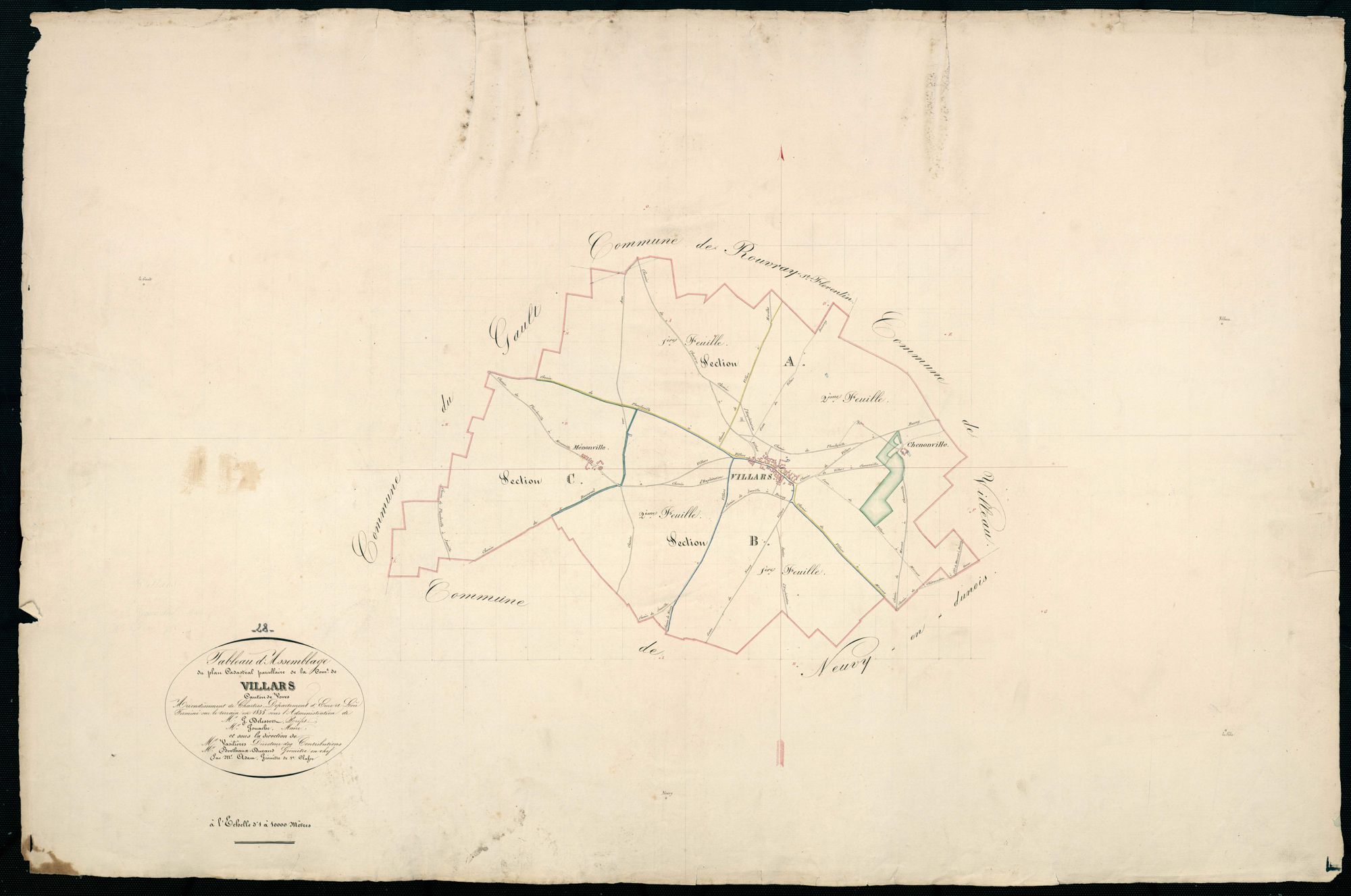Tableau d'assemblage du plan cadastral parcellaire de la commune de Villars, Canton de Voves, Arrondissement de Chartres / Terminé sur le terrain en 1835 (...) par Monsieur Adam, Géomètre de 1ère classe.