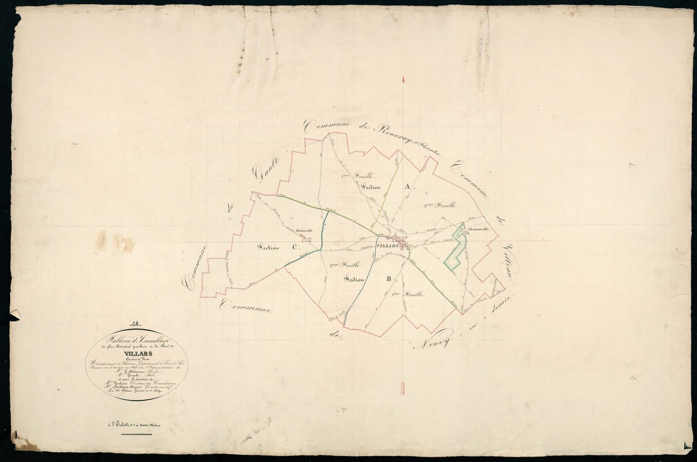 Tableau d'assemblage du plan cadastral parcellaire de la commune de Villars, Canton de Voves, Arrondissement de Chartres / Terminé sur le terrain en 1835 (...) par Monsieur Adam, Géomètre de 1ère classe.