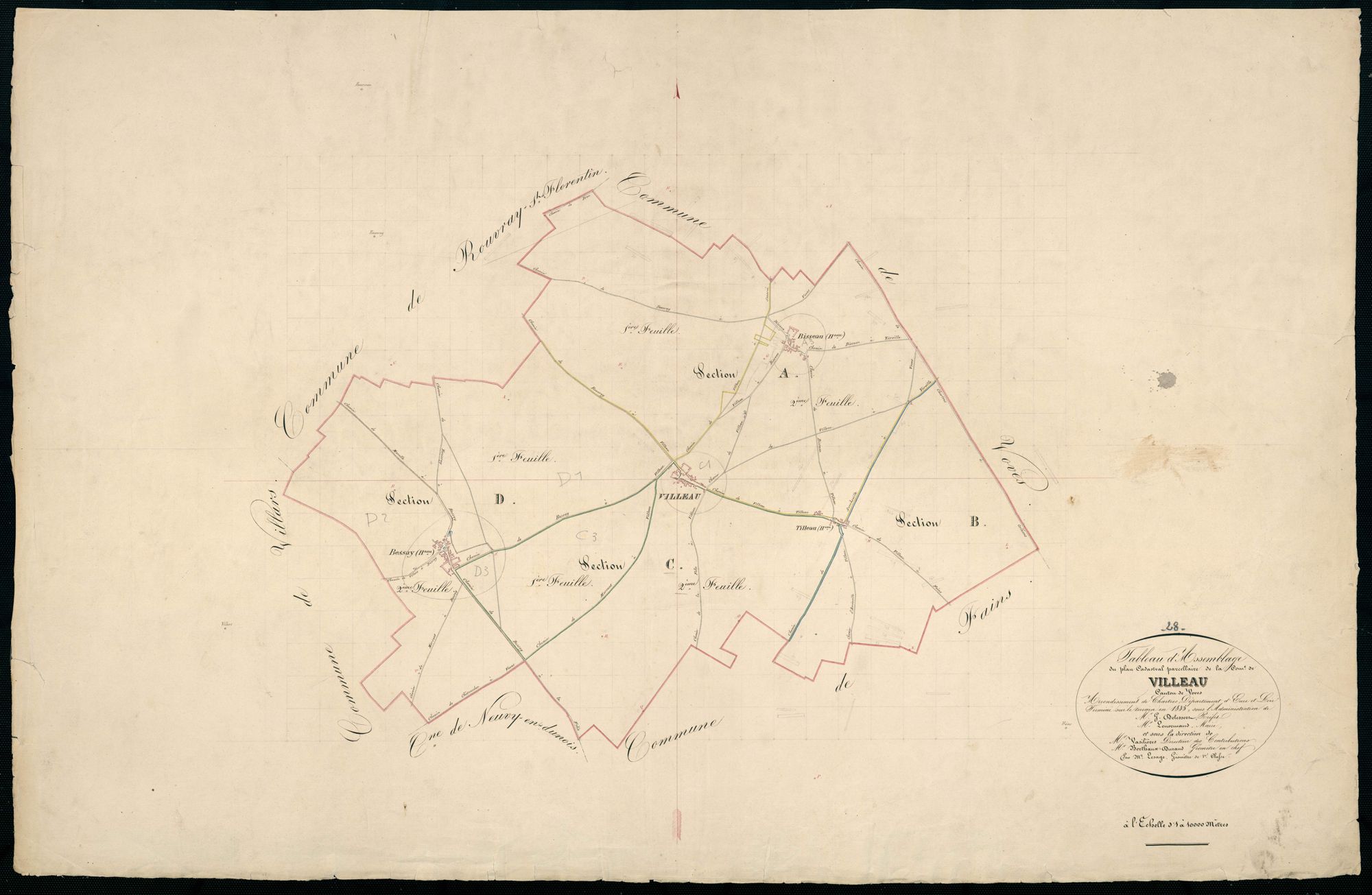Tableau d'assemblage du plan cadastral parcellaire de la commune de Villeau, Canton de Voves, Arrondissement de Chartres / Terminé sur le terrain en 1835 (...) par Monsieur Lesage, Géomètre de 1ère classe.