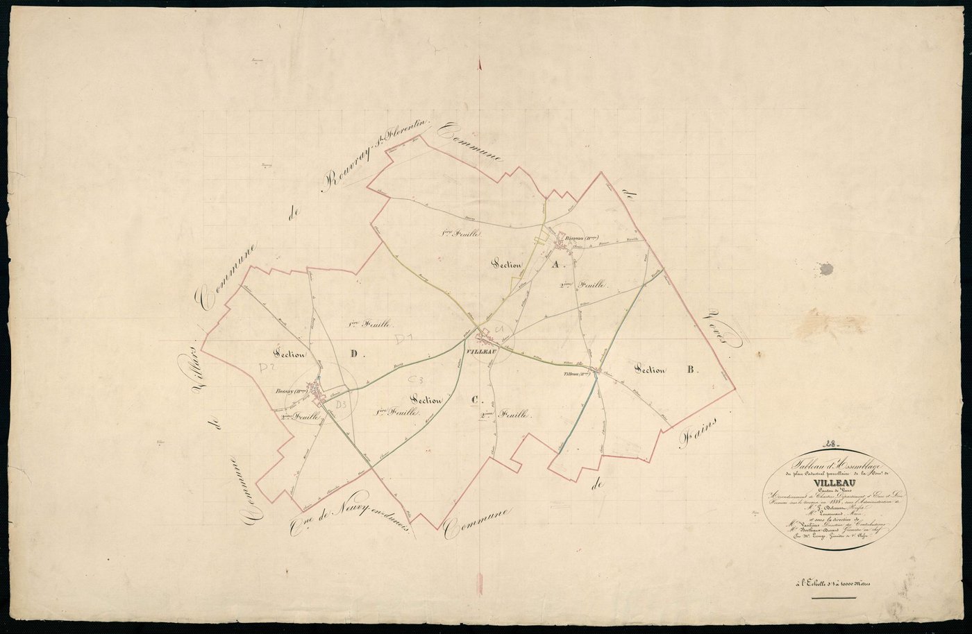 Tableau d'assemblage du plan cadastral parcellaire de la commune de Villeau, Canton de Voves, Arrondissement de Chartres / Terminé sur le terrain en 1835 (...) par Monsieur Lesage, Géomètre de 1ère classe.