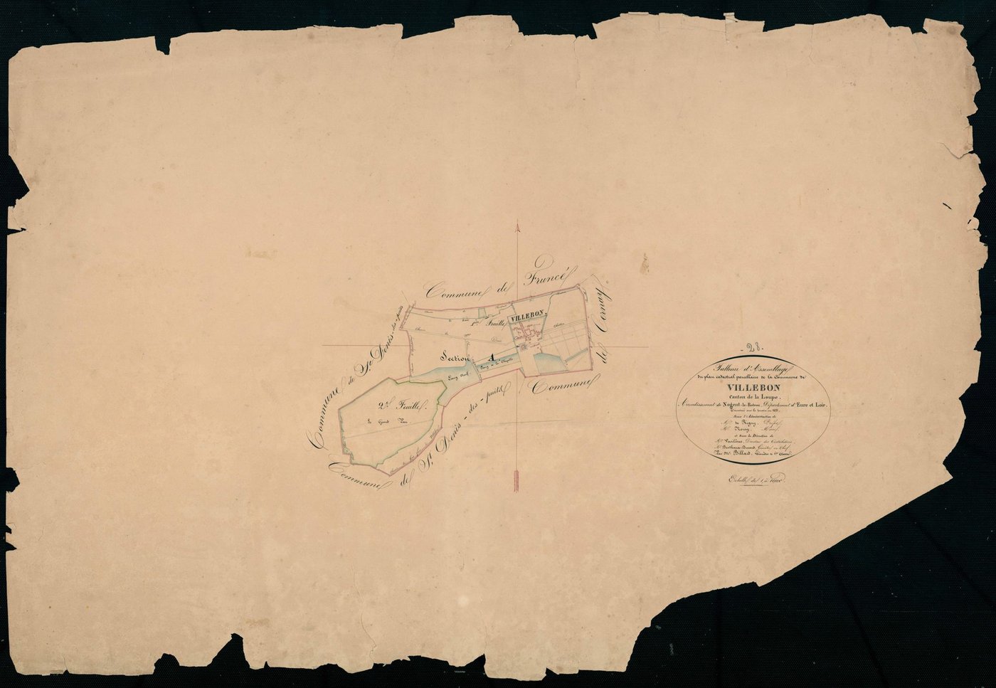 Tableau d'assemblage du plan cadastral parcellaire de la commune de Villebon, Canton de la Loupe, Arrondissement de Nogent-le-Rotrou / Terminé sur le terrain en 1833 (...) par Monsieur Billard, Géomètre de 1ère classe.