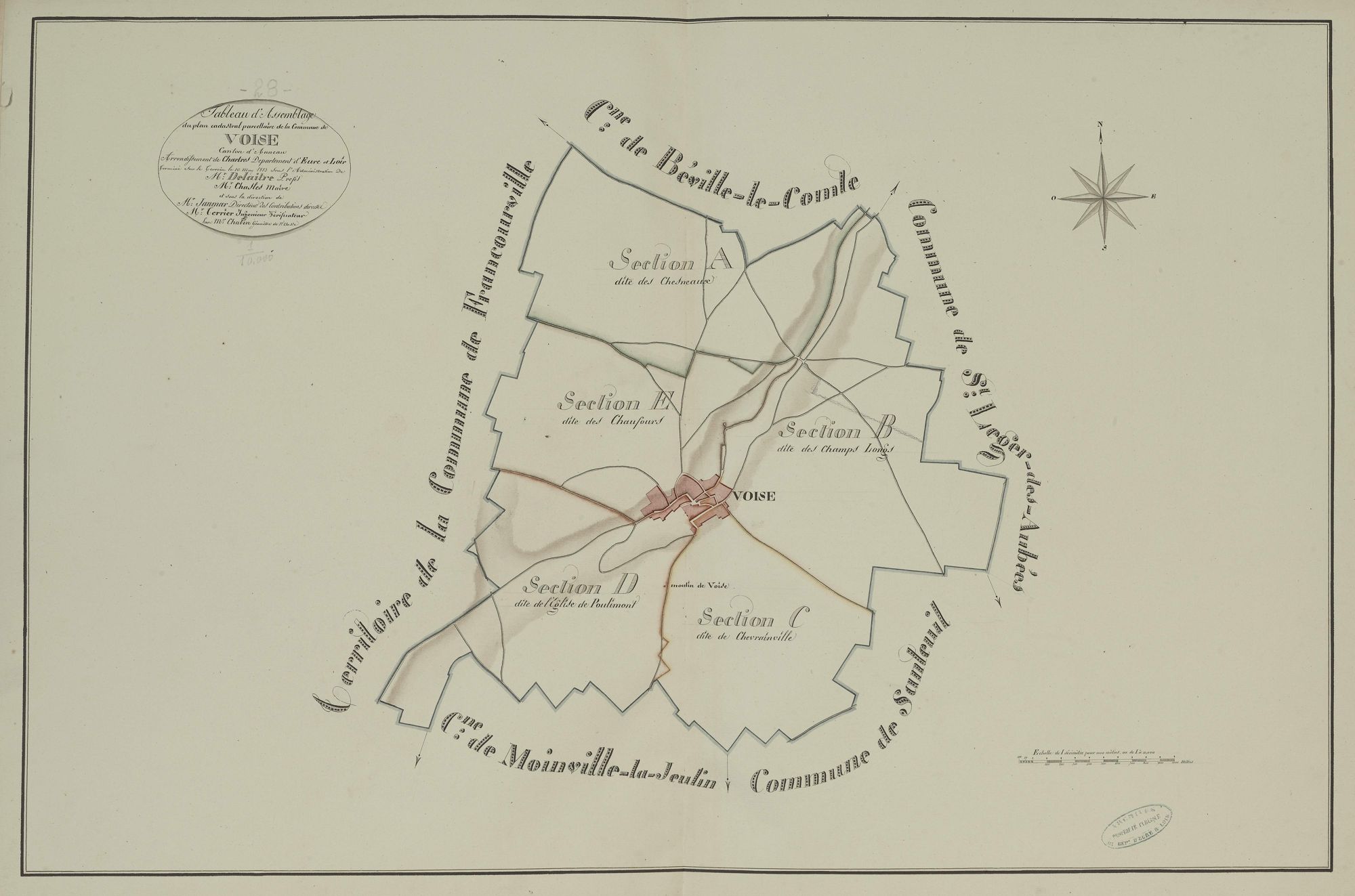 Tableau d'assemblage du plan parcellaire de la commune de Voise, Canton d'Auneau, Arrondissement de Chartres / Terminé sur le terrain le 10 mai 1813 (...) par Monsieur Chabin, Géomètre du cadastre.