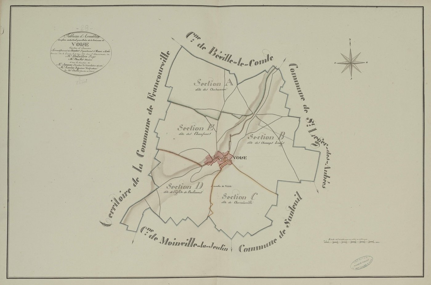Tableau d'assemblage du plan parcellaire de la commune de Voise, Canton d'Auneau, Arrondissement de Chartres / Terminé sur le terrain le 10 mai 1813 (...) par Monsieur Chabin, Géomètre du cadastre.