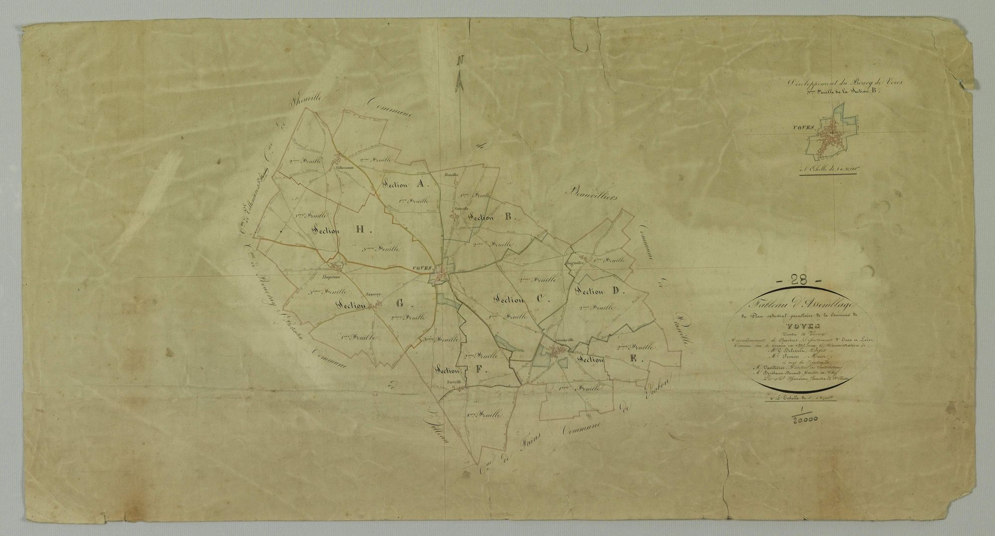 Tableau d'assemblage du plan cadastral parcellaire de la commune de Voves, Canton de Voves, Arrondissement de Chartres / Terminé sur le terrain en 1835 (...) par Monsieur Chauveau, Géomètre de 1ère classe.