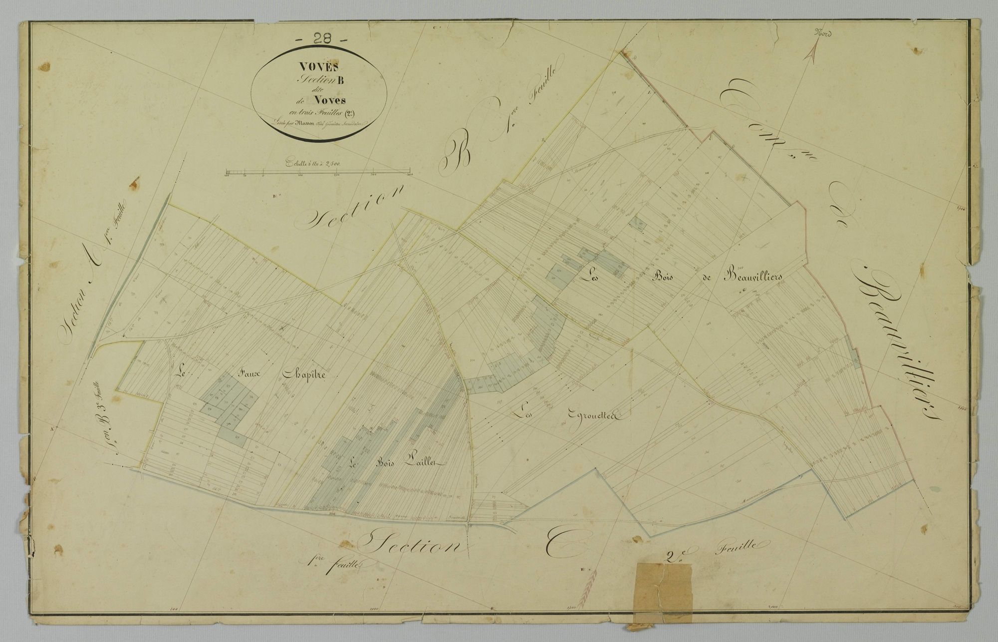 Section B, Voves, feuille 2 / Terminée sur le terrain par Monsieur Masson, Géomètre secondaire.