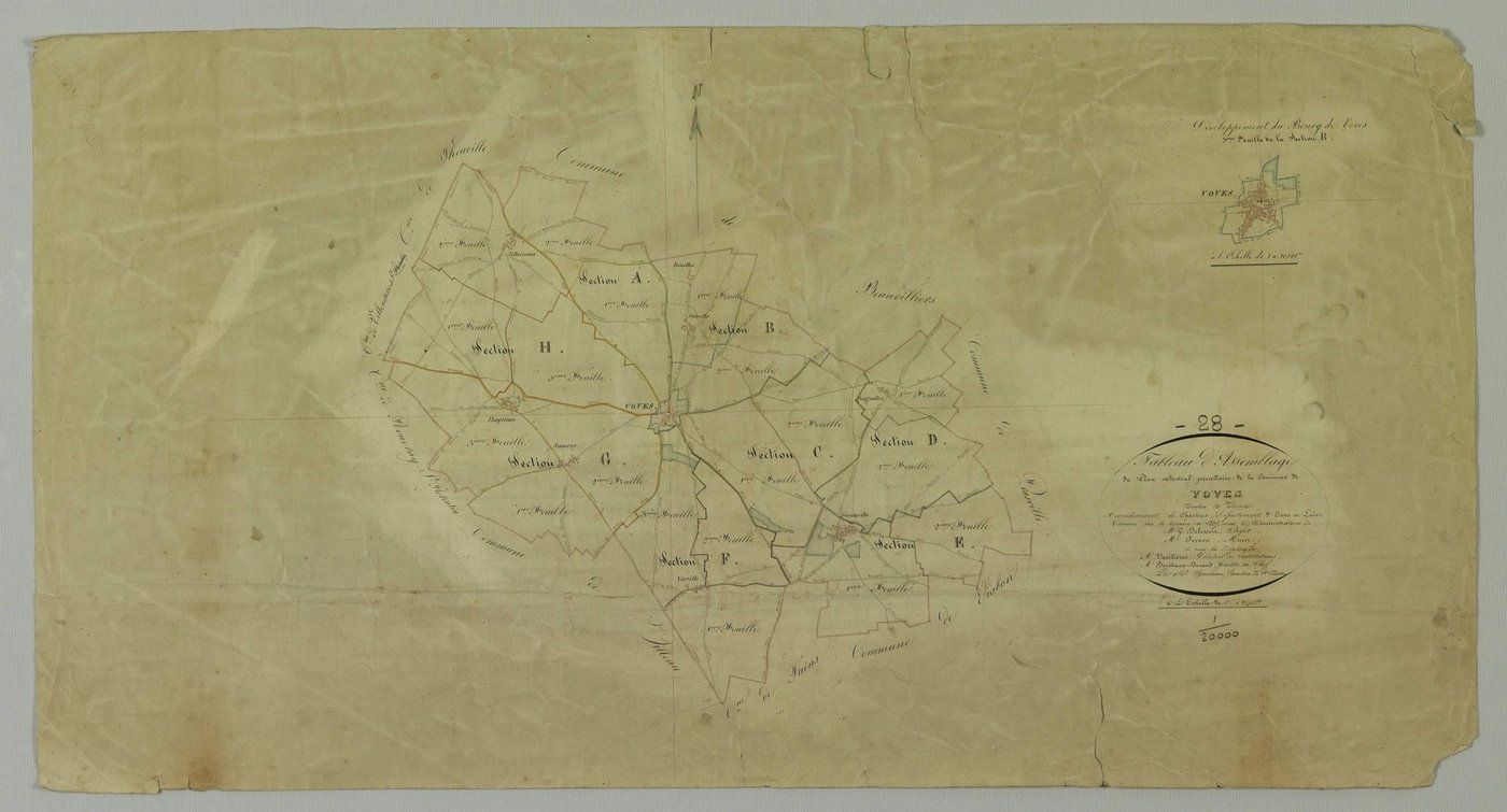 Tableau d'assemblage du plan cadastral parcellaire de la commune de Voves, Canton de Voves, Arrondissement de Chartres / Terminé sur le terrain en 1835 (...) par Monsieur Chauveau, Géomètre de 1ère classe.