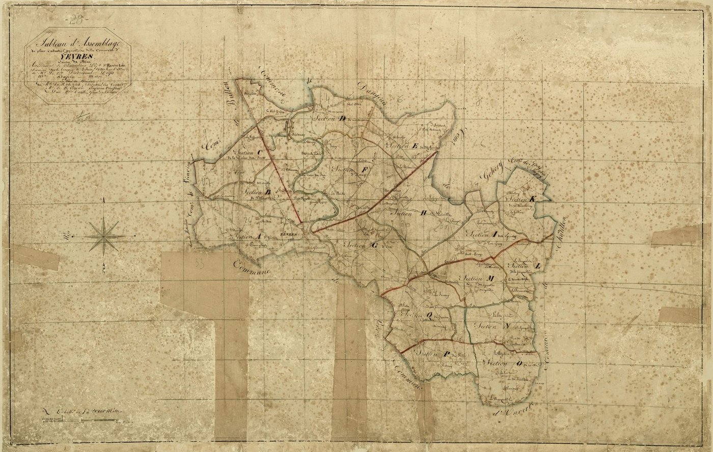 Tableau d'assemblage du plan cadastral parcellaire de la commune de Yèvres, Canton de Brou, Arrondissement de Châteaudun / Terminé sur le terrain le 4 juin 1820 (...) par Monsieur Caillé, Géomètre du cadastre.