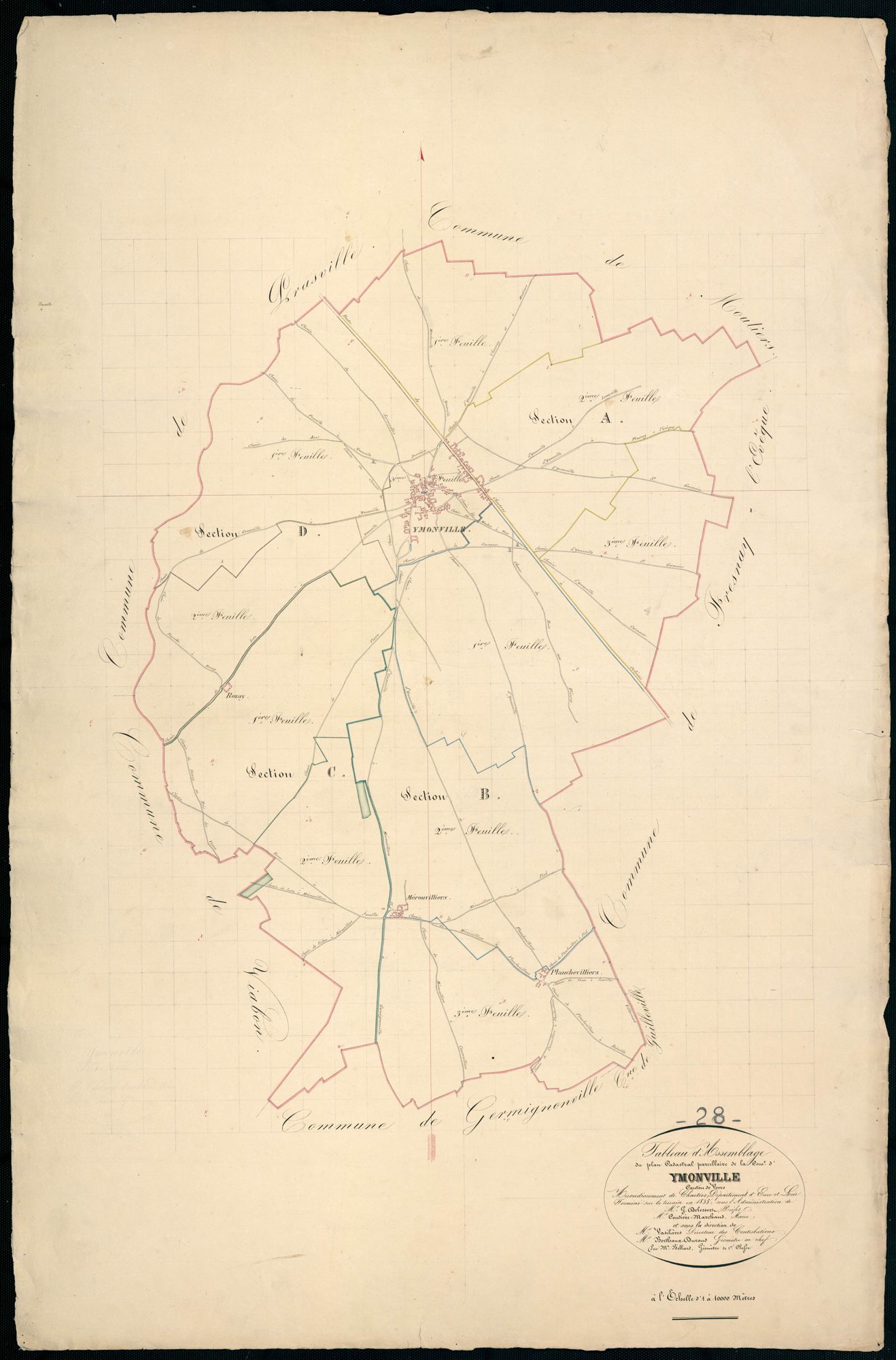 Tableau d'assemblage du plan cadastral parcellaire de la commune d'Ymonville, Canton de Voves, Arrondissement de Chartres / Terminé sur le terrain en 1835 (...) par Monsieur Billard, Géomètre de 1ère classe.