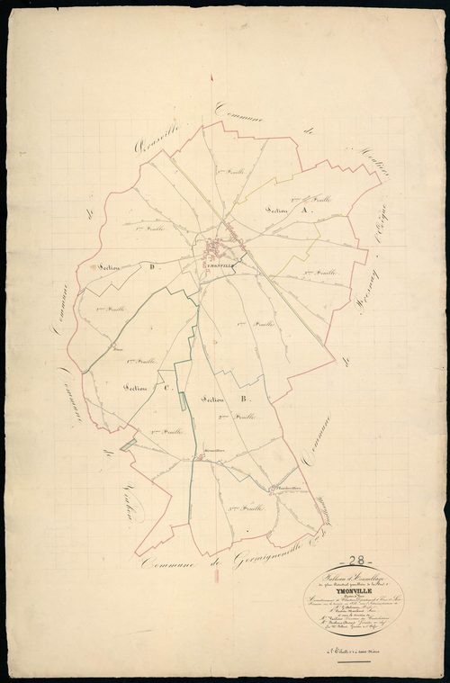 Tableau d'assemblage du plan cadastral parcellaire de la commune d'Ymonville, Canton de Voves, Arrondissement de Chartres / Terminé sur le terrain en 1835 (...) par Monsieur Billard, Géomètre de 1ère classe.