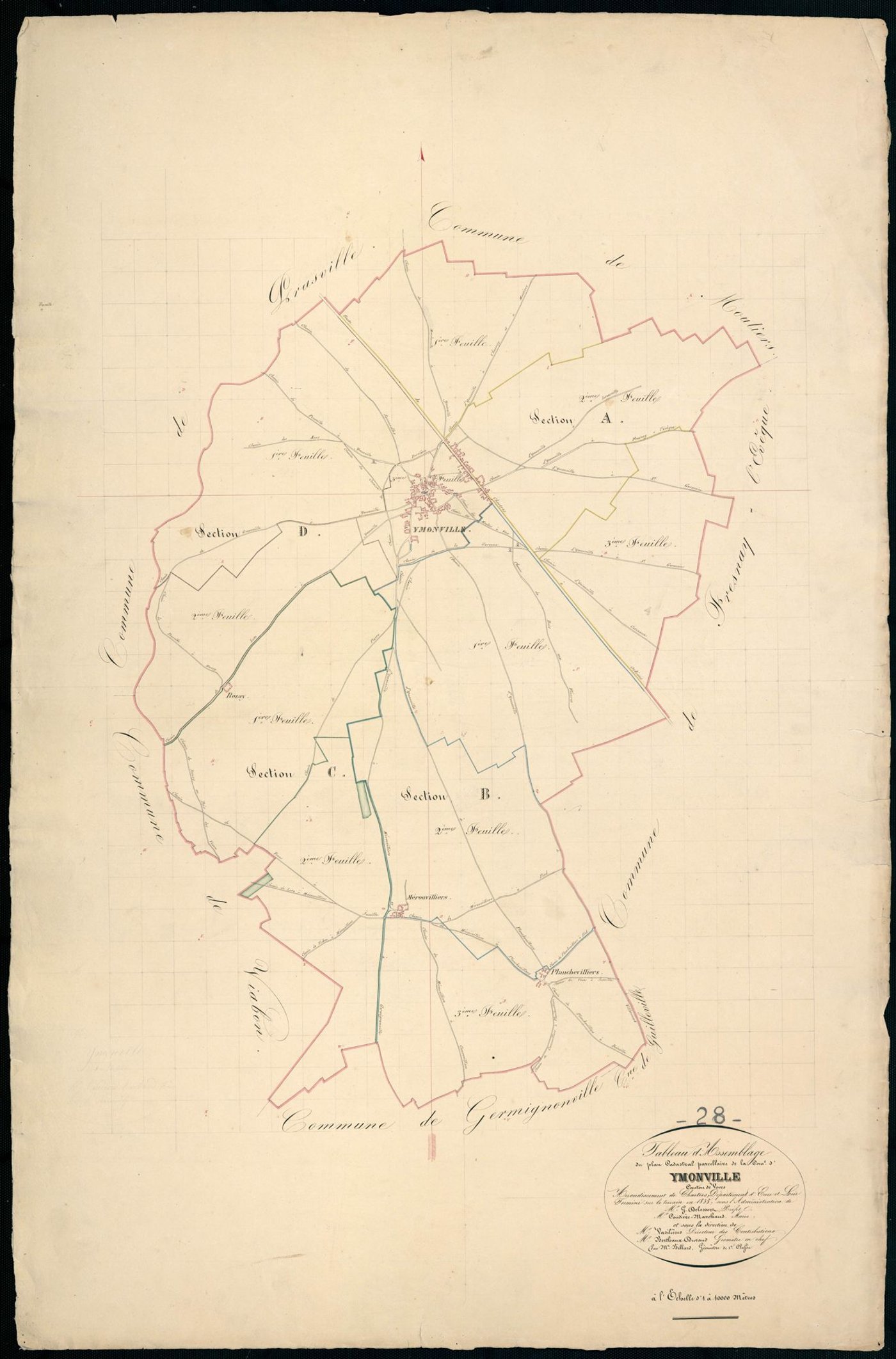 Tableau d'assemblage du plan cadastral parcellaire de la commune d'Ymonville, Canton de Voves, Arrondissement de Chartres / Terminé sur le terrain en 1835 (...) par Monsieur Billard, Géomètre de 1ère classe.