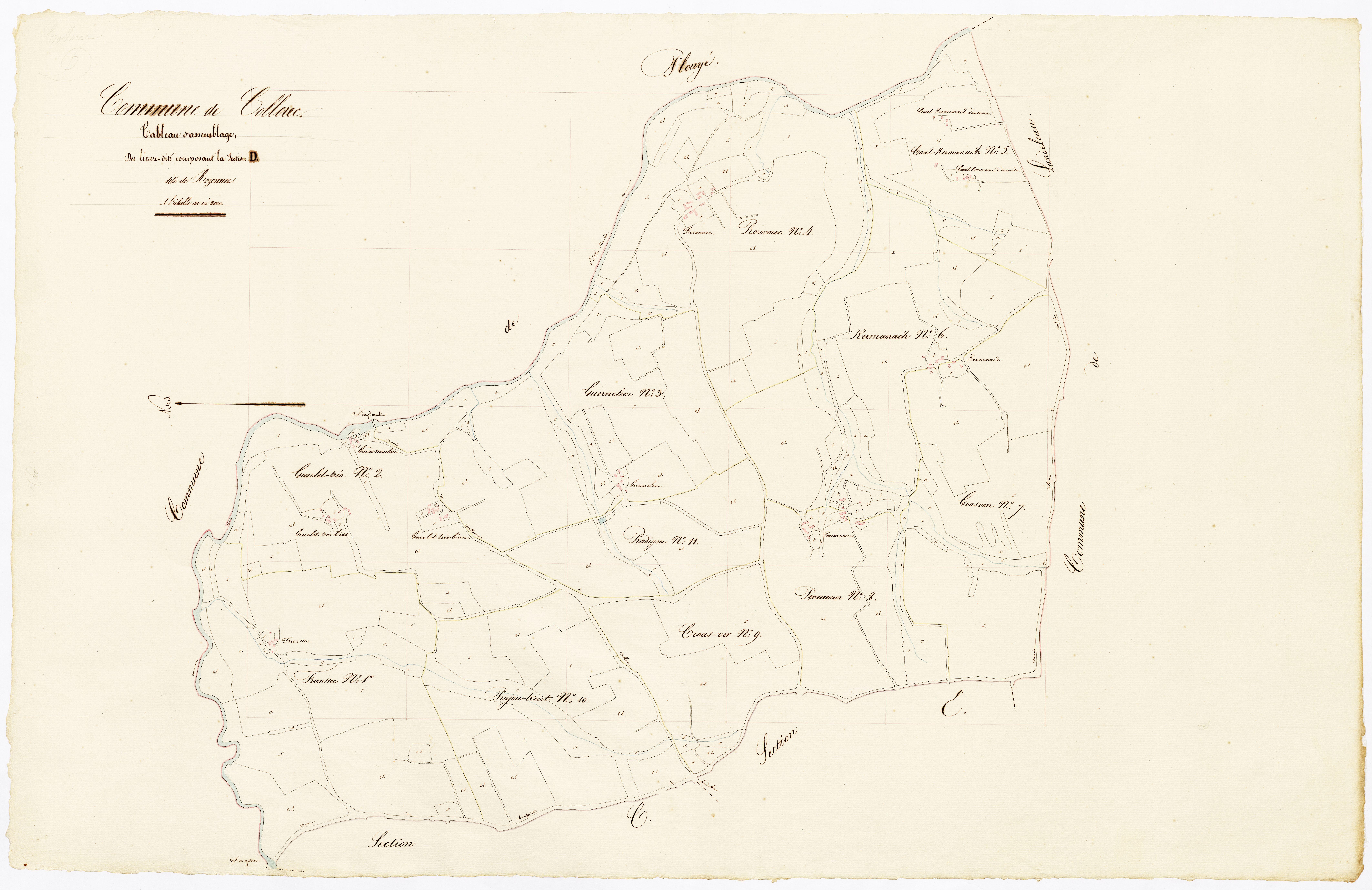 Tableau d'assemblage des lieux-dits composant la section D de Rozonnec.