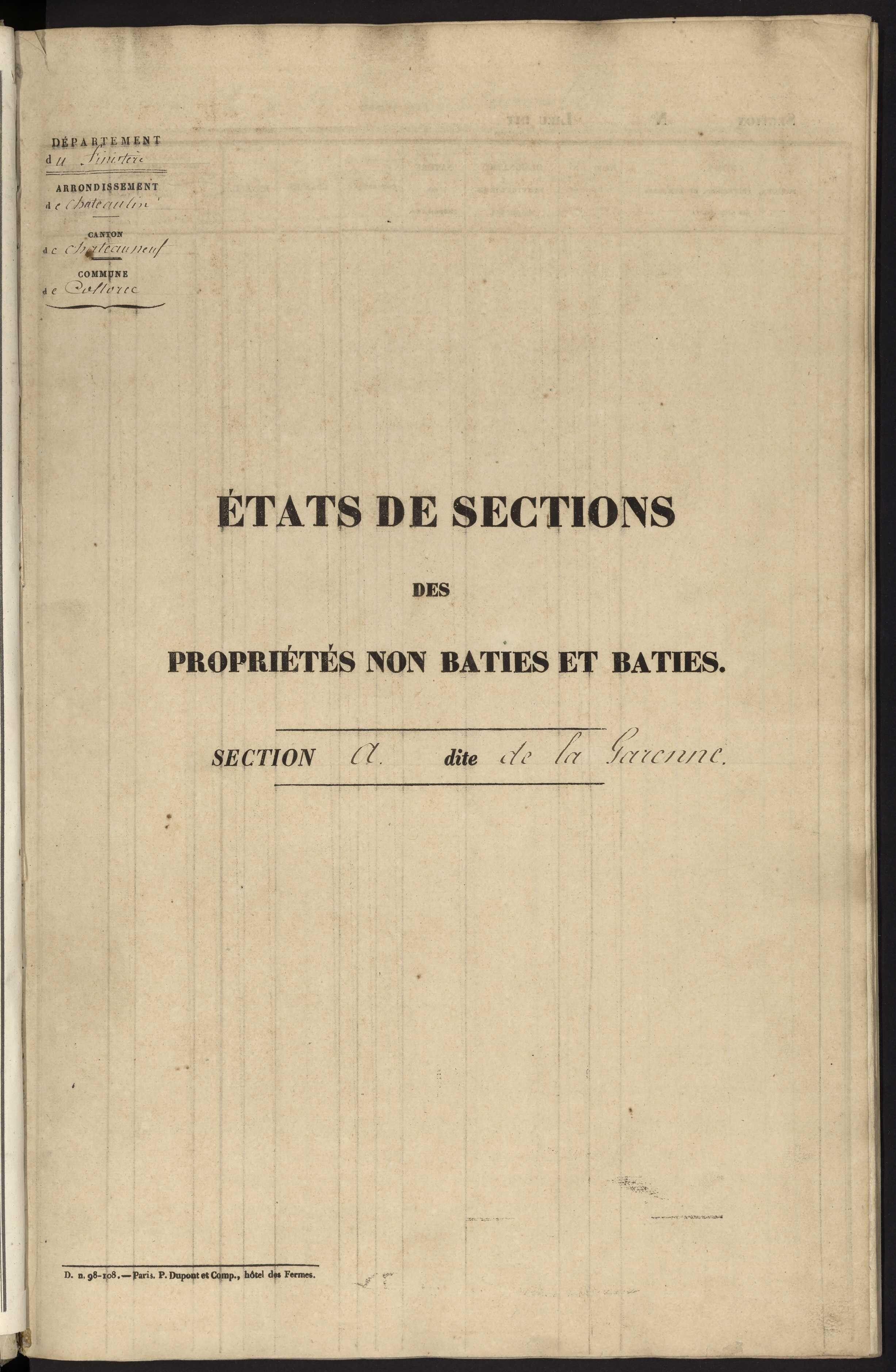 États de sections des propriétés non bâties et bâties : sections A-H.