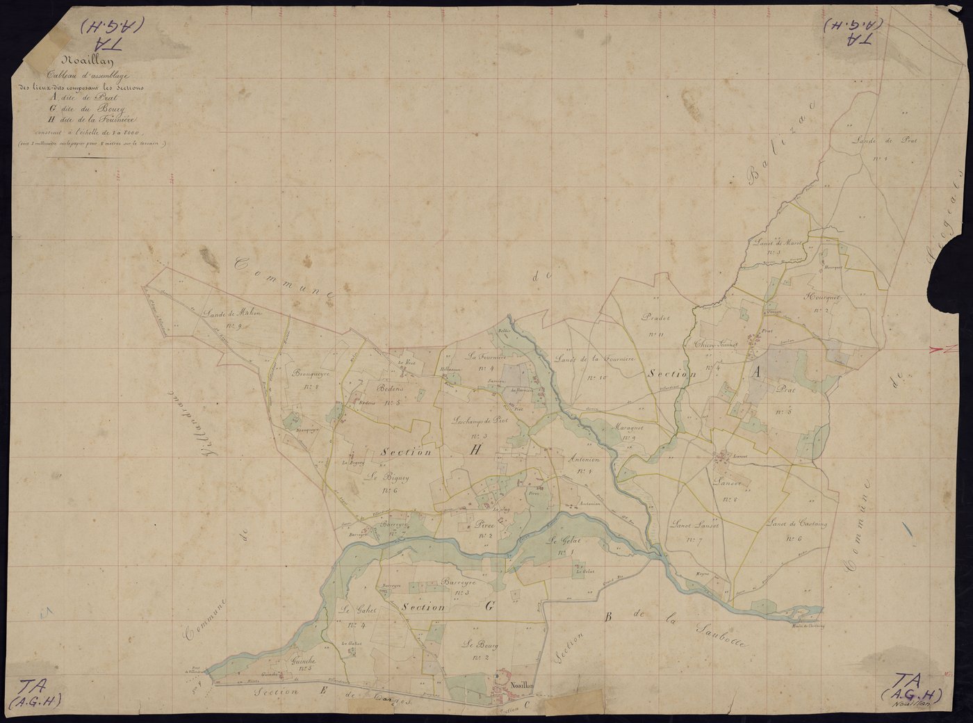 Noaillan - -Tableau d'assemblage sections A,G,H : La Prat, Le Bourg, Fournière