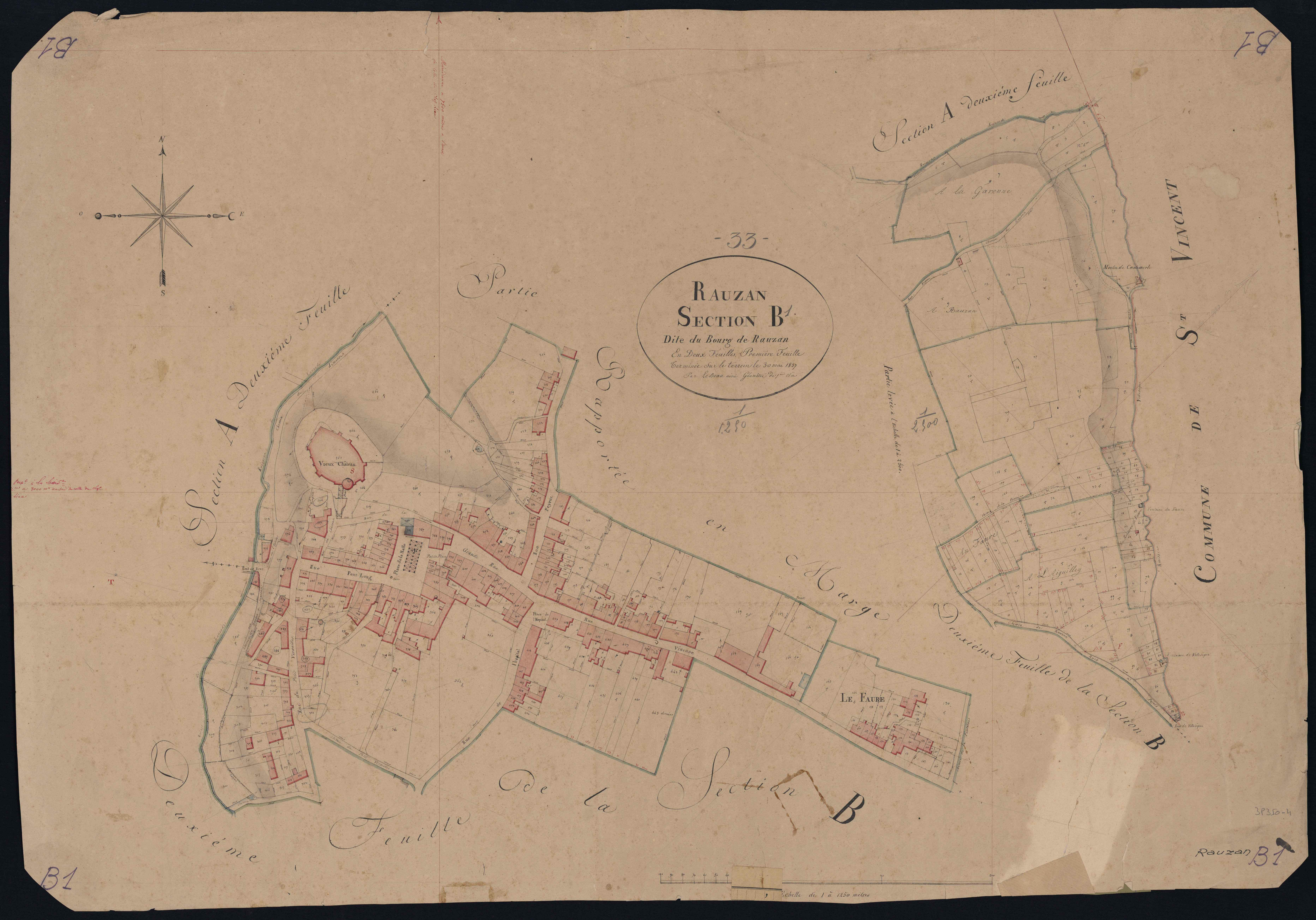 Rauzan - -Section B feuille 1 : Le Bourg