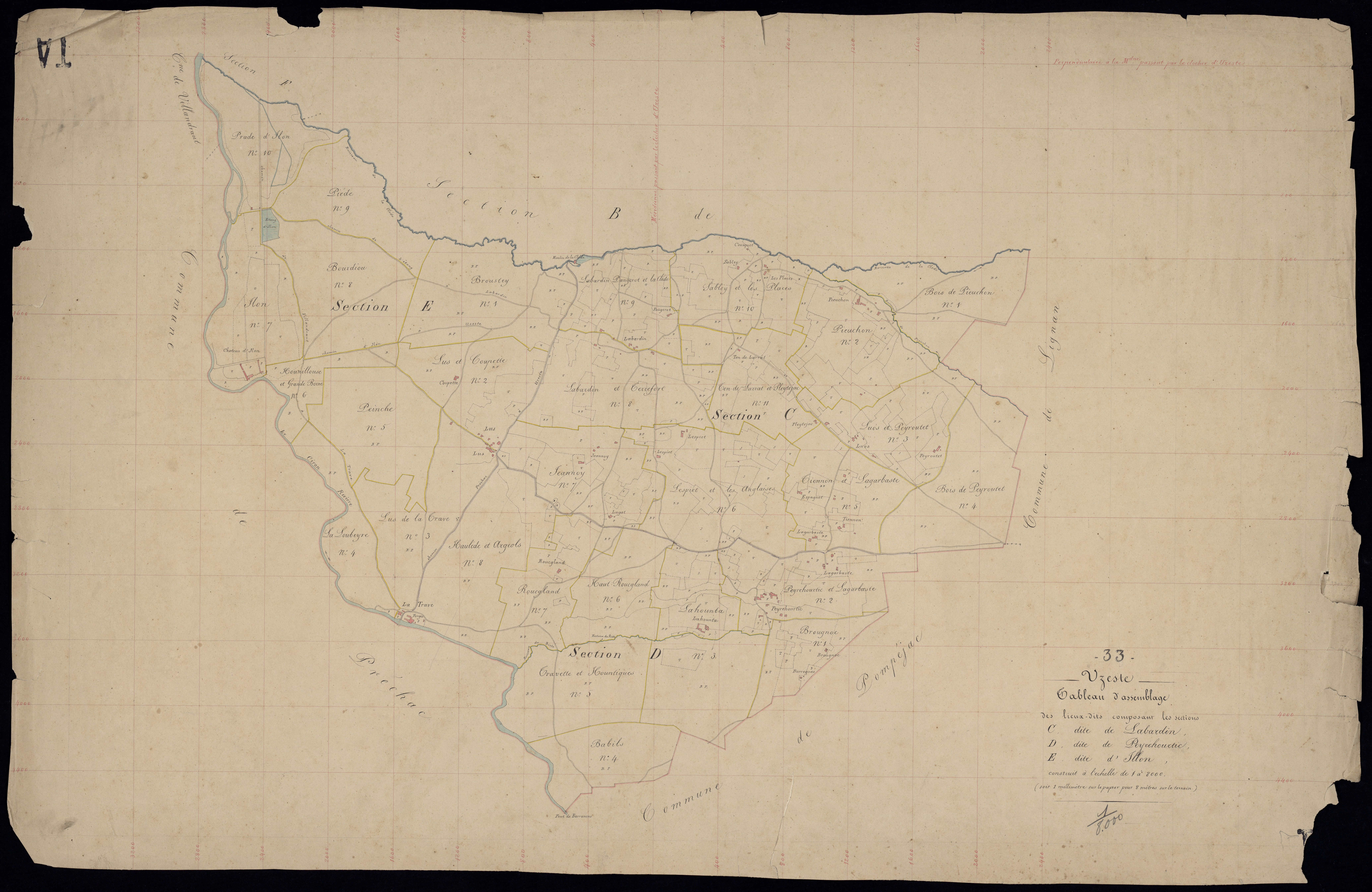 Uzeste - -Tableau d'assemblage sections C,D,E : Labardin, Peyrehourticq,Illon