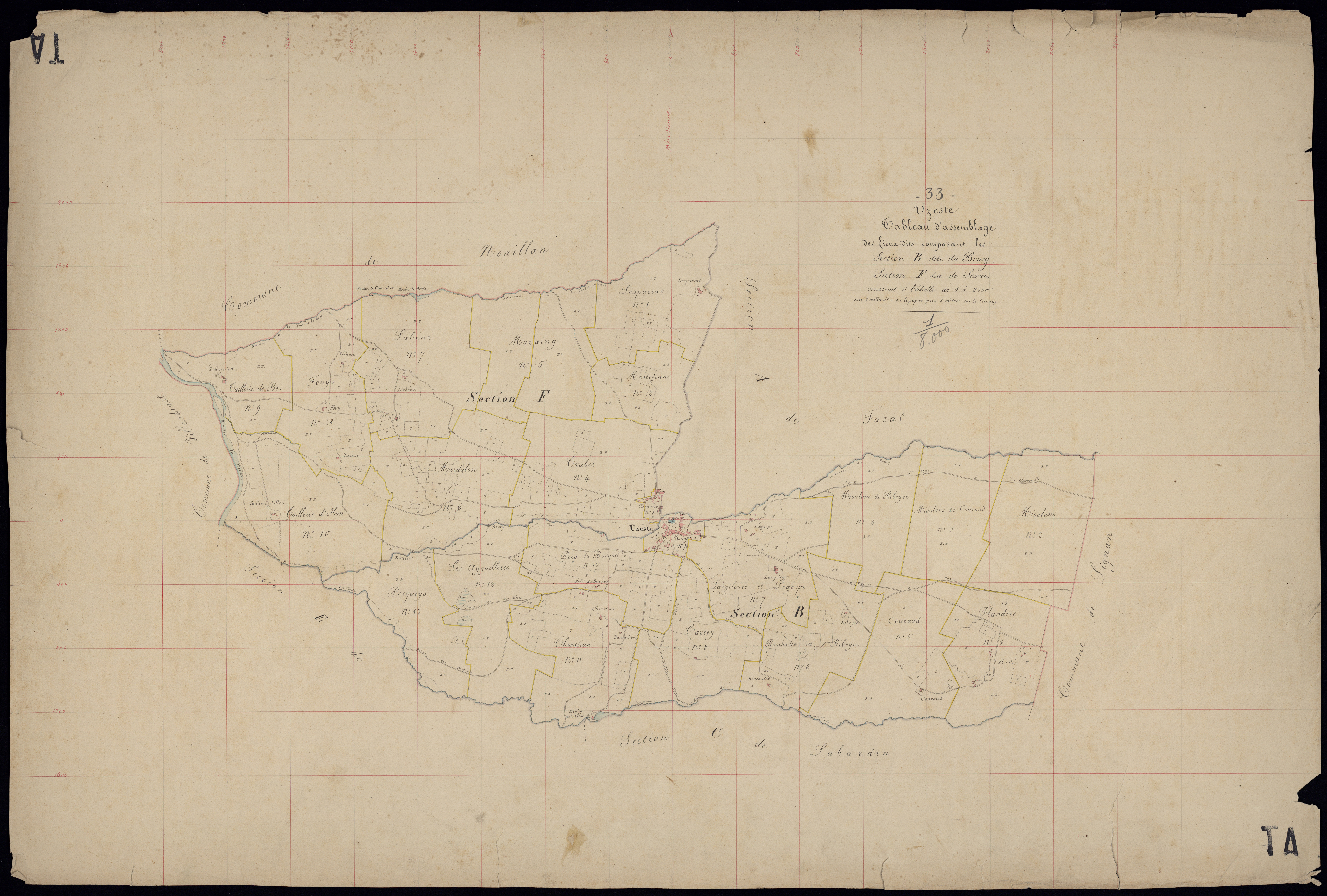 Uzeste - -Tableau d'assemblage sections B,F : Le Bourg, Sescas