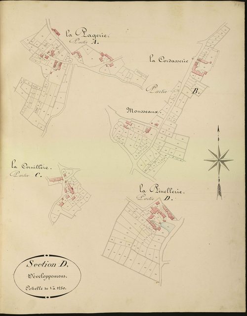 Azay-Le-Ferron - Section D, feuille de développement (A: La Pagerie ; B : La Cordasserie et les Mousseaux ; C : La Cornillère ; D : La Pinellerie.