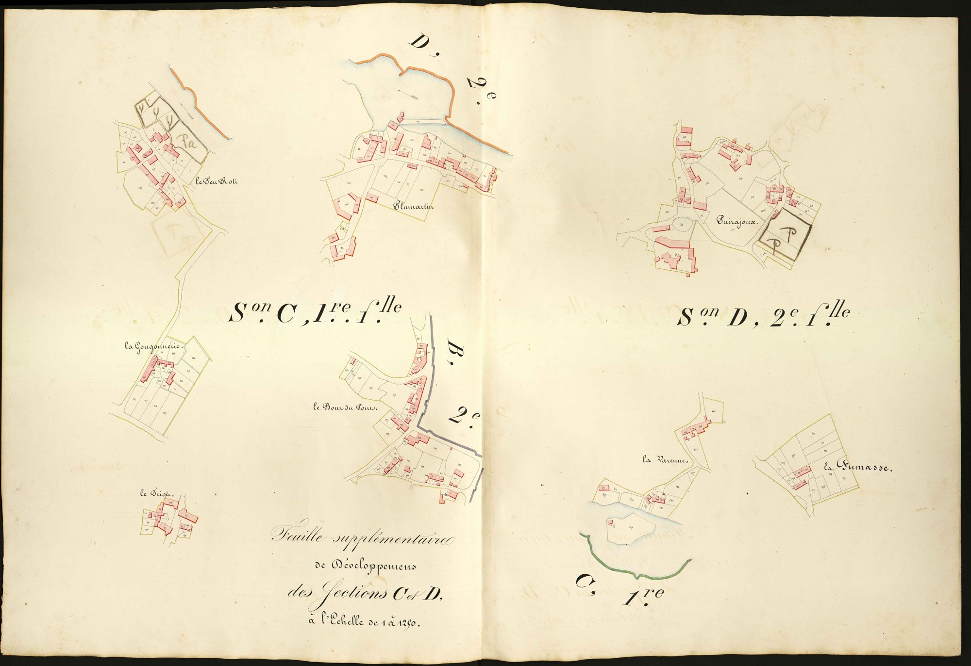 Bélâbre - Sections C et D, feuille supplémentaire de développement (section C1 : le Peu Roti, Plumartin, Gougonnerie, le Bout du Pont, le Triou, section D2 : La Fumasse, Varenne, Puirajoux).