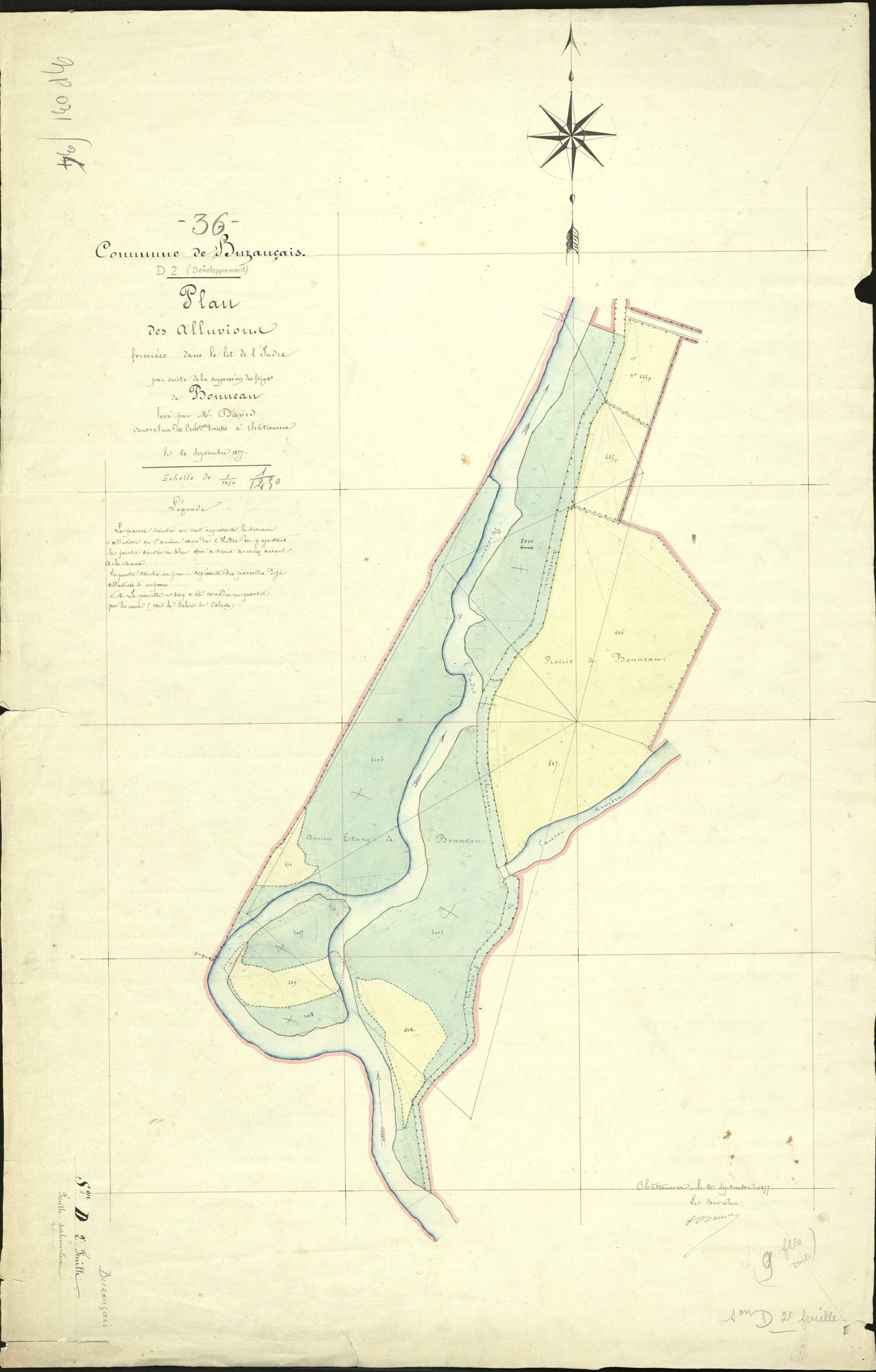 Buzançais - Section D2 supplémentaire (plan des alluvions formés dans le lit de l'Indre par suite de la suppression des forges de Bonneau).