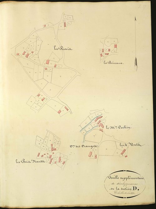 Cluis - Section D,Feuille supplémentaire de développement (Les Riovis, Boireaux, Les Bois Nauds, Domaine des Oranges, les Quatre Vents, le Moulin de Cochin).