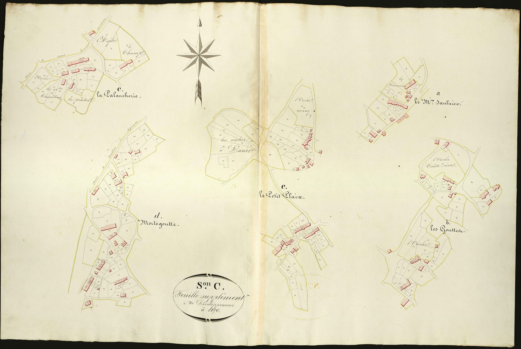 Lourdoueix-Saint-Michel - Feuille supplémentaire de développement de la section C (A: Le Moulin Saulnie ; B : Les Gouttes ; C: La Palancherie ; D: Mortegoutte ; E: Le Petit Plaix).