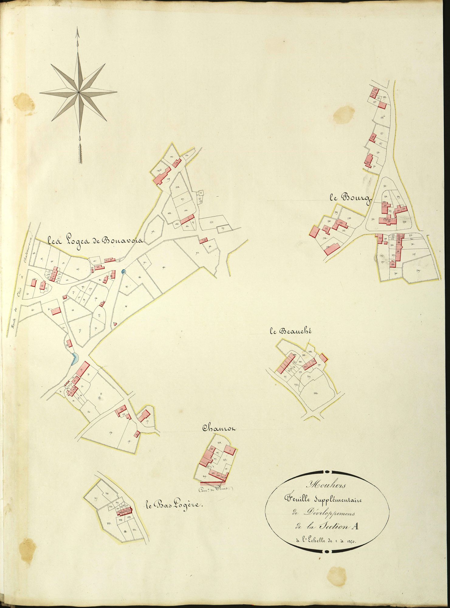 Mouhers - Section A1, feuille supplémentaire de développement (Les Loges de Bonavois, Le Beauché, Chanrot, Le Bas Logère, Le Bourg).