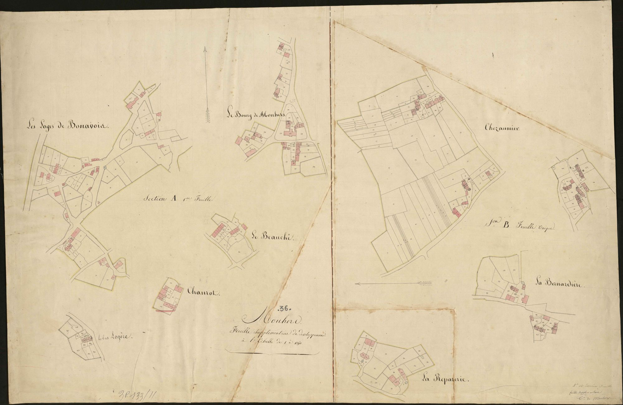 Mouhers - Sections A et B, feuille supplémentaire de développement (Les Loges de Bonavois, Le Beauché, Chanrot, Le Bas Logère, Le Bourg, Section B: La Bernardière, La Reparerie, Chezaumier).