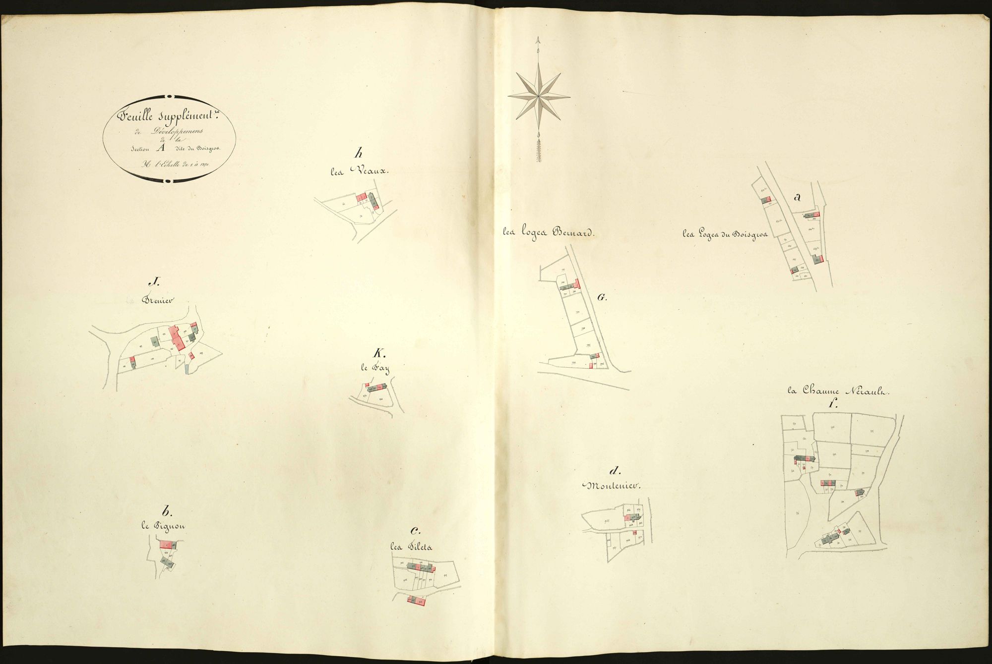 Neuvy-Saint-Sépulchre - Section A, feuille supplémentaire de développement (Les loges de Bois Gros, Le Pignon, Les Tilets, Montenier, La Chaume Nérault, Les Loges Bernard, Les Veaux, Trenier, Le Fay).