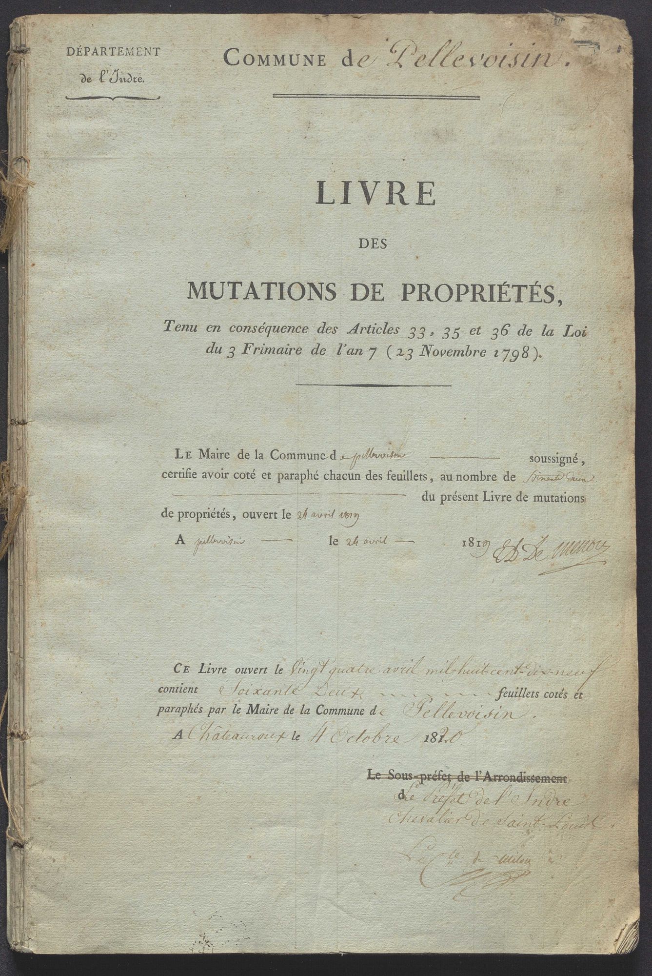 Pellevoisin - Livre des mutations de propriétés