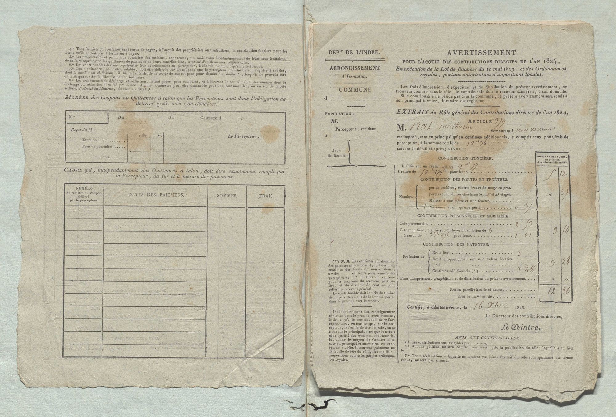 Thizay - Avertissement pour l’acquit des contributions directes de l’an 1824 et de l’an 1825