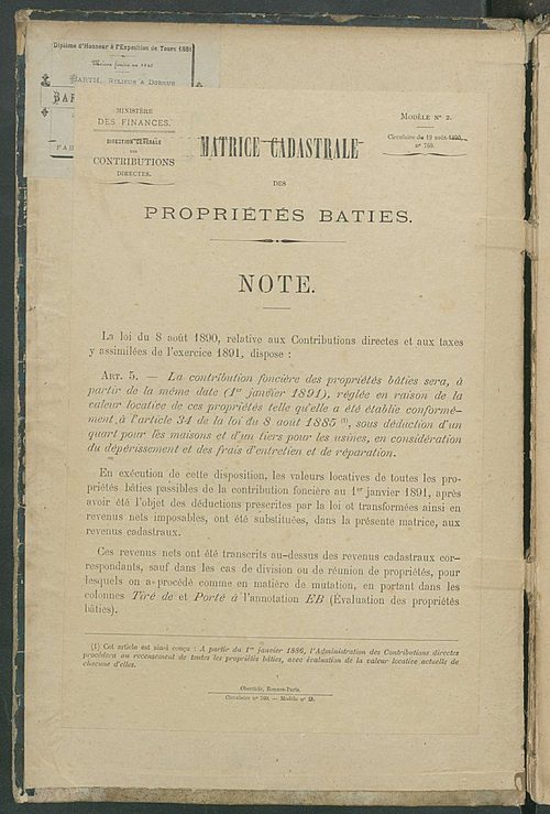 Matrice des propriétés bâties ; augmentations et diminutions, 1883-1891 ; séparation des revenus cadastraux afférents, pour l'année 1882, aux propriétés bâties et non bâties (état-balance) ; table alphabétique des propriétaires.