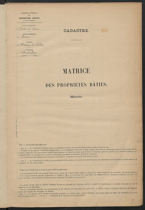 Matrice des propriétés bâties ; récapitulation ; table alphabétique des propriétaires.