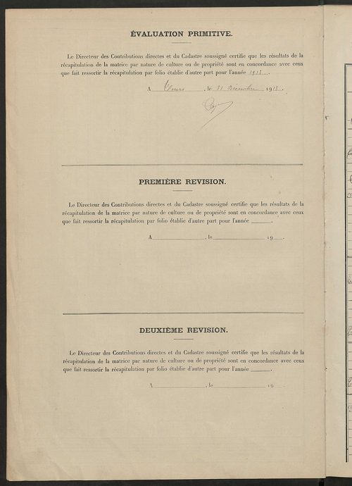 Tableau présentant les augmentations et les diminutions survenues dans la matière imposable ; récapitulation ; table alphabétique des propriétaires ; matrice des propriétés non bâties, fol. 1 à 492.