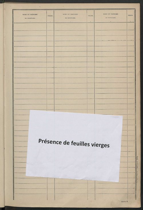 Tableau présentant les augmentations et les diminutions survenues dans la matière imposable ; récapitulation ; table alphabétique des propriétaires ; matrice des propriétés non bâties, fol. 1 à 492.