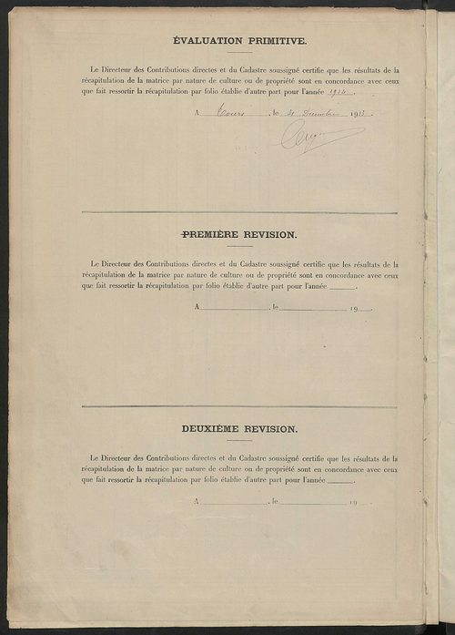 Tableau présentant les augmentations et les diminutions survenues dans la matière imposable ; récapitulation ; table alphabétique des propriétaires ; matrice des propriétés non bâties, fol. 1 à 488.